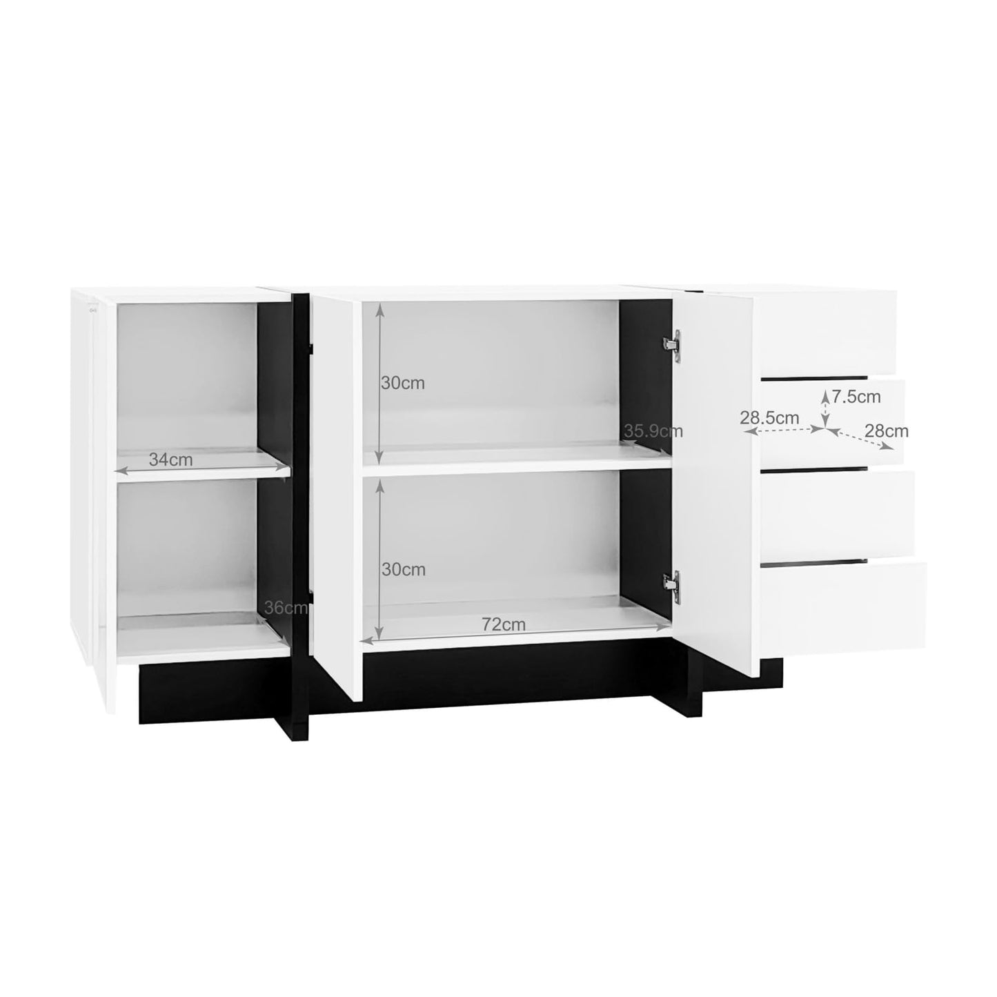 Peiaw Buffet,Armoire de Cuisine,Commode Blanc Brillant,Meuble de Rangement avec tiroirs,Buffet avec 3 Portes et 4 tiroirs,Convient pour la Salle à Manger, Le Couloir de la Cuisine 150 x 40 x 80.5 cm