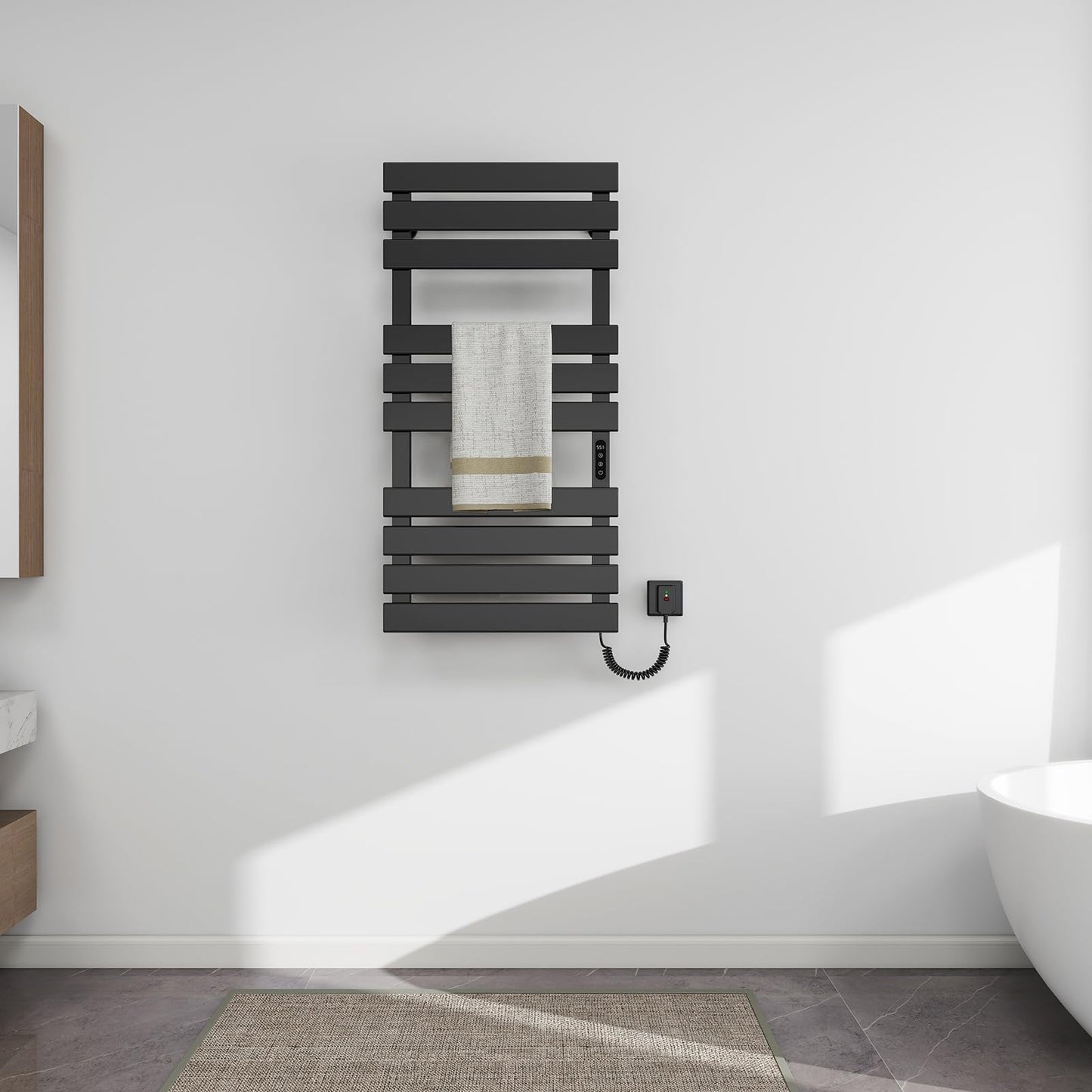 OihPaw Sèche Serviettes Électrique,1100x550mm Porte-Serviettes électrique Noir Droite WiFi Compatible avec App Alexa Google Assistant,446W seche Serviette Electrique,1-9H Minuterie Thermostat