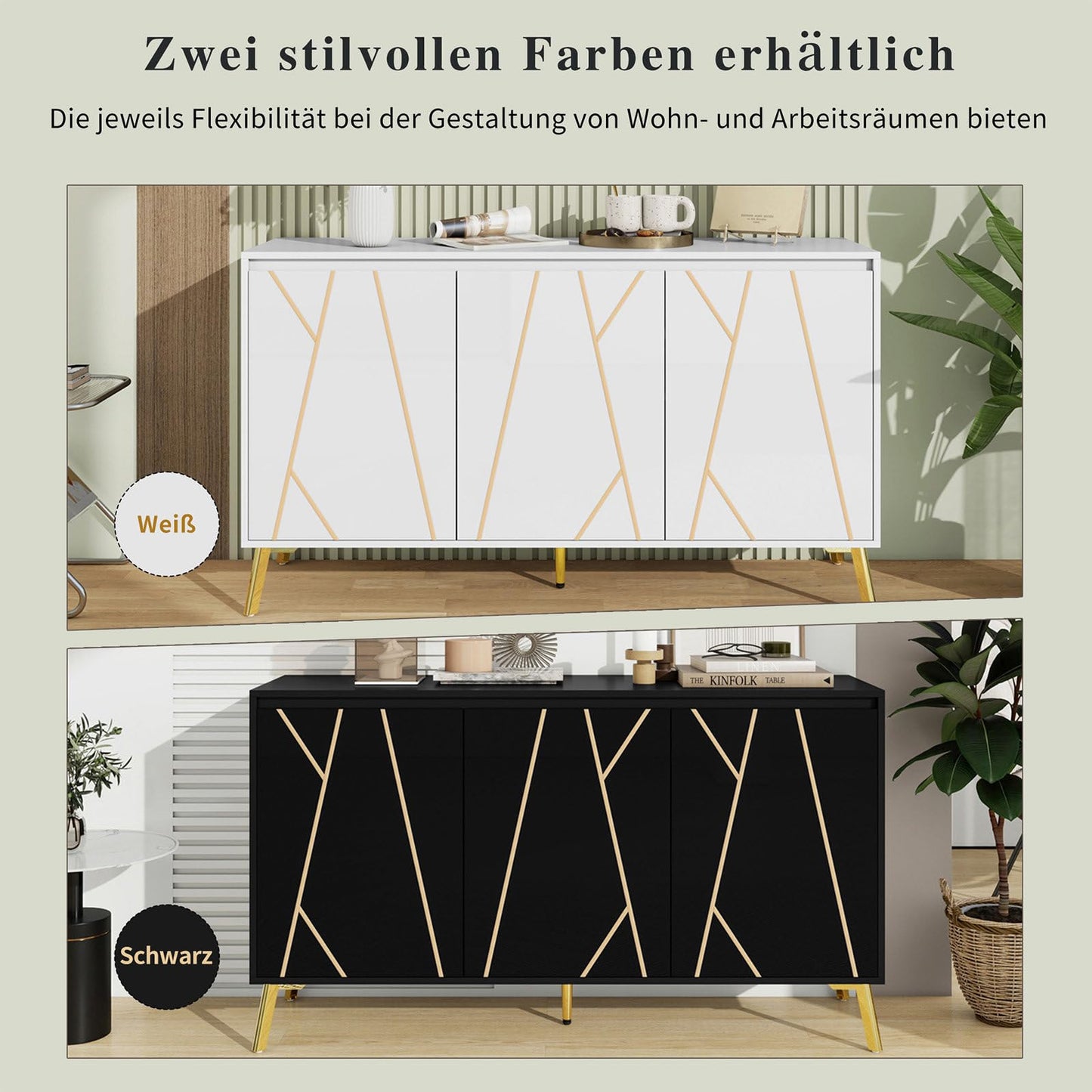 Sideboard 3 Türig, Mehrzweckschrank, Küchenschrank, Kommode für Wohnzimmer Schlafzimmer, Buffetschrank Grifflos, Hohe Tragfähigkeit, Verstellbare Regale, Moderner Stil, 140 x 80 x 40 cm (B/H/T)