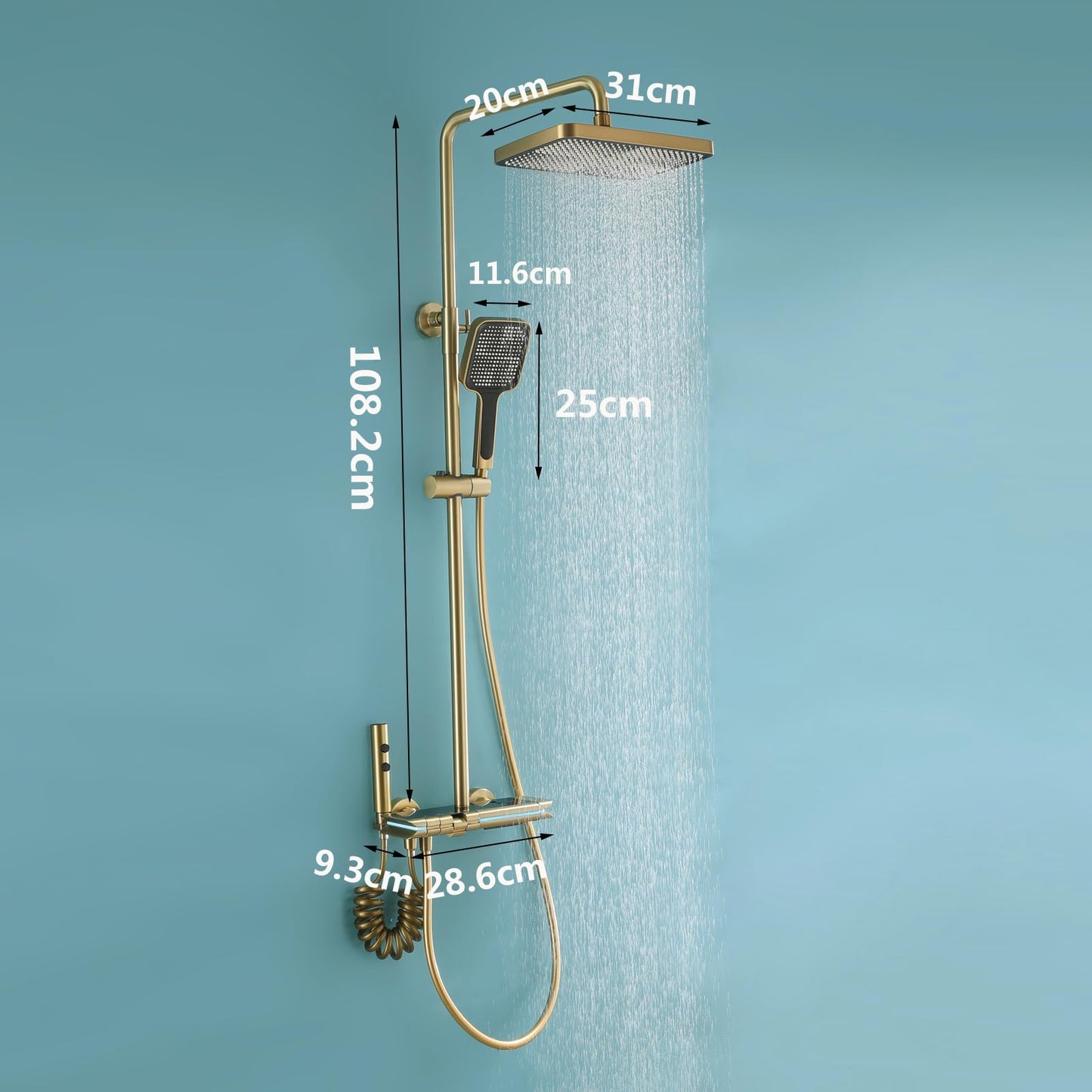 OihPaw Colonne de Douche Thermostatique avec Mitigeur,Système de Douche Affichage Numérique Kit de Douche Réglable Hauteur Ensemble Douche avec Douche de Tête,Or Brossé