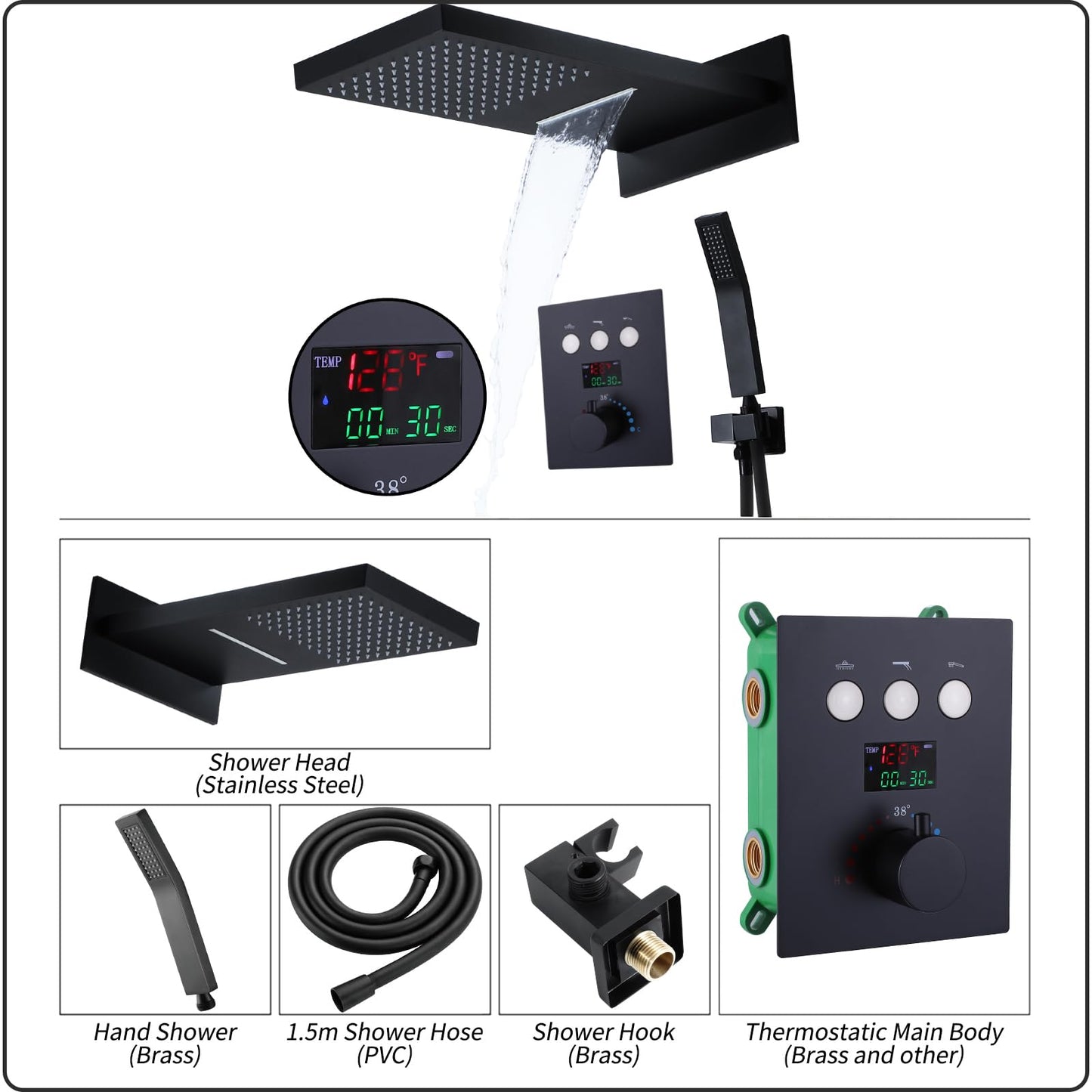 Colonne de Douche Thermostatique Colonne Douche Salle de Bain Colonne Douche Encastrable Noir Ensemble de Douche Affichage Numérique Système de Douche avec Tête de Douche, Douchette