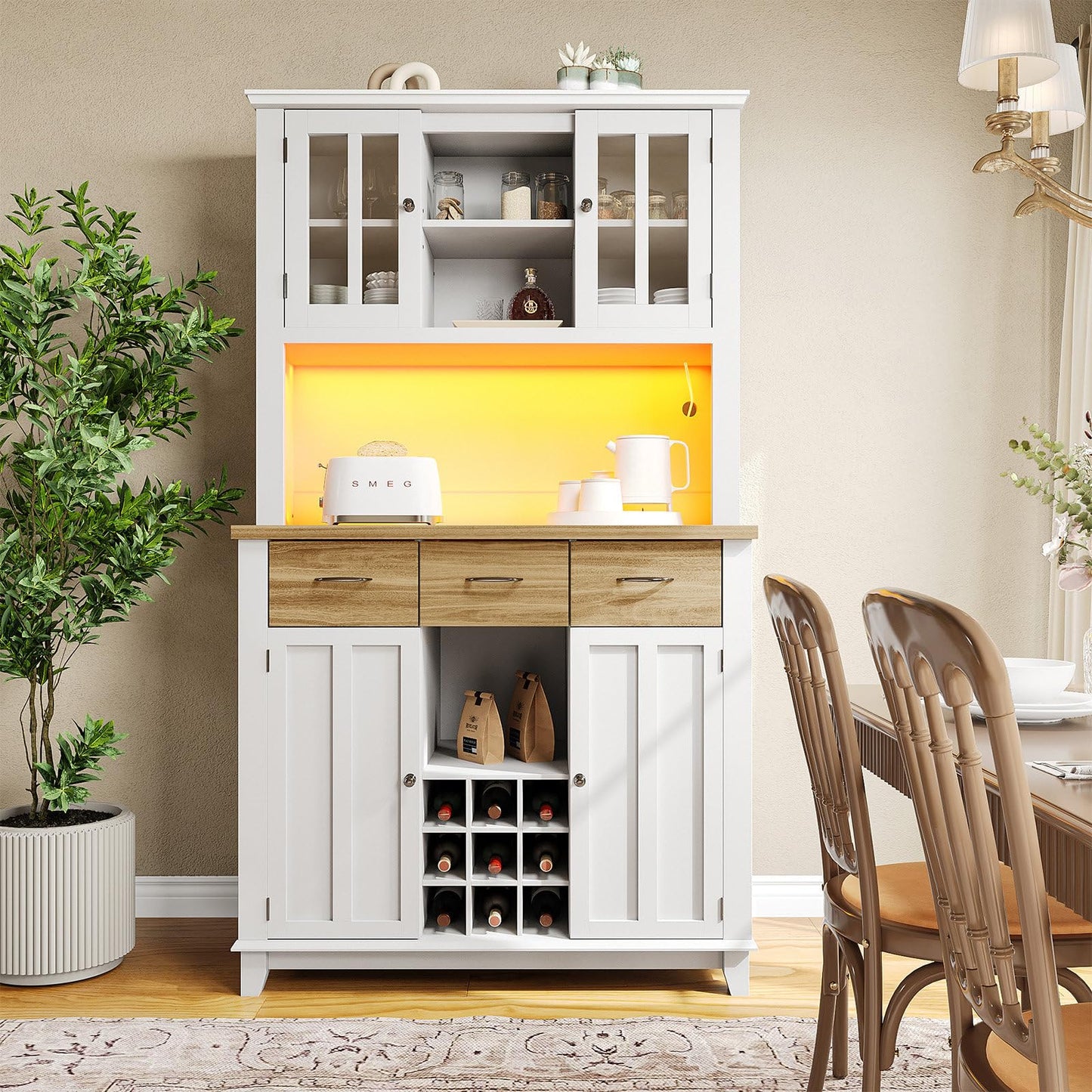 Buffet de Cuisine avec Éclairage LED, Armoire de Cuisine Anti-Basculement, Meuble Cuisine Rangement Étagères Réglables, Bibliothèque avec Poignée en Alliage D'aluminium, 106 x 40 x 179.5 cm