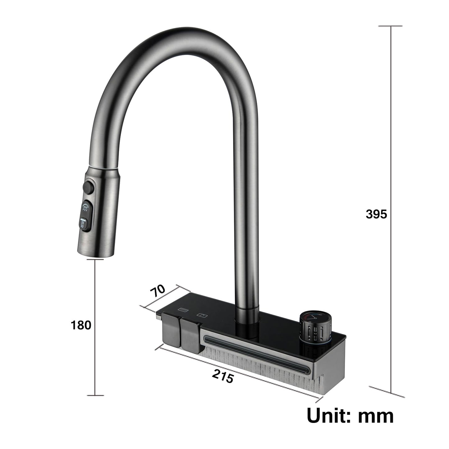 Robinet de Cuisine Cascade avec Douchette Extensible, Mitigeur Cuisine Cascade Unique avec Touches Piano et Bouton Rotatif, 4 Modes Robinet d'Évier de Cuisine Pivotant à 360°