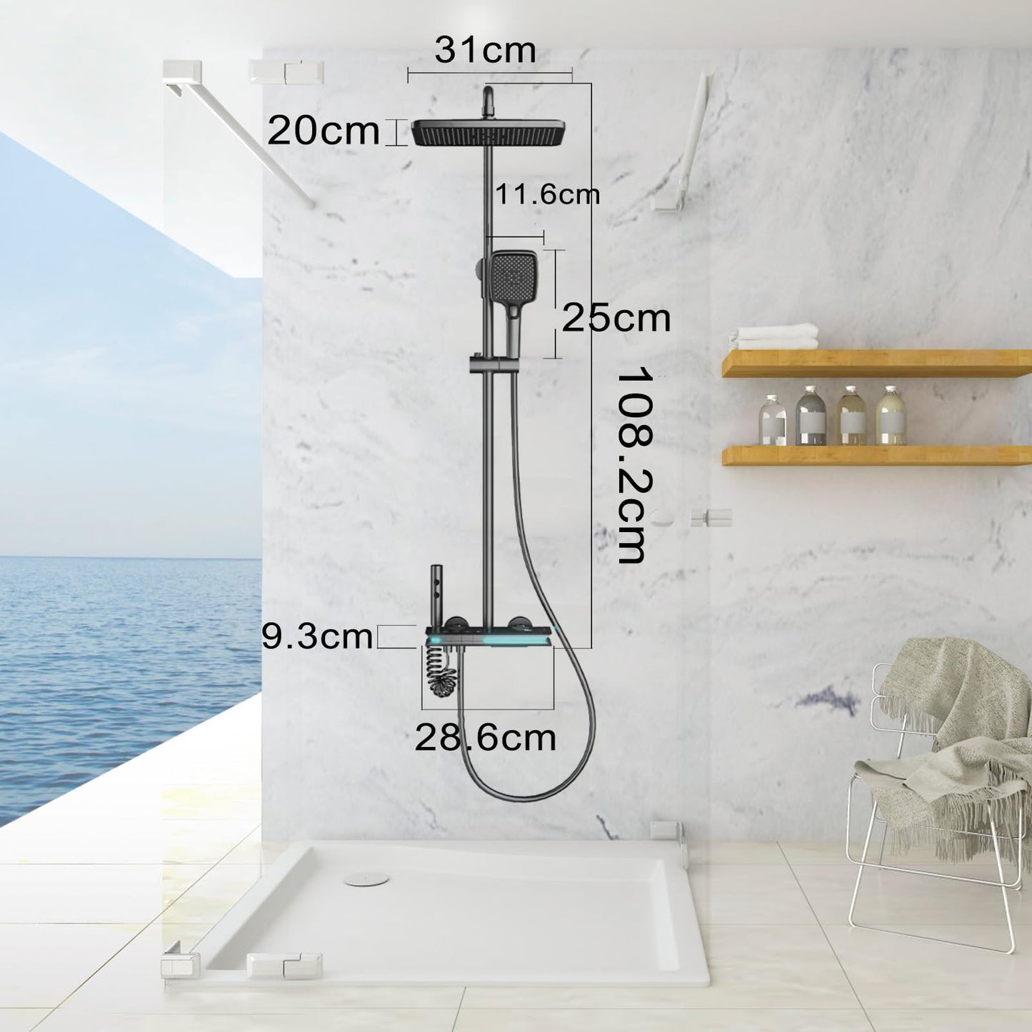 OihPaw Colonne de Douche Thermostatique avec Mitigeur, Système de Douche Affichage Numérique Kit de Douche Réglable Hauteur Ensemble Douche avec Douche de Tête
