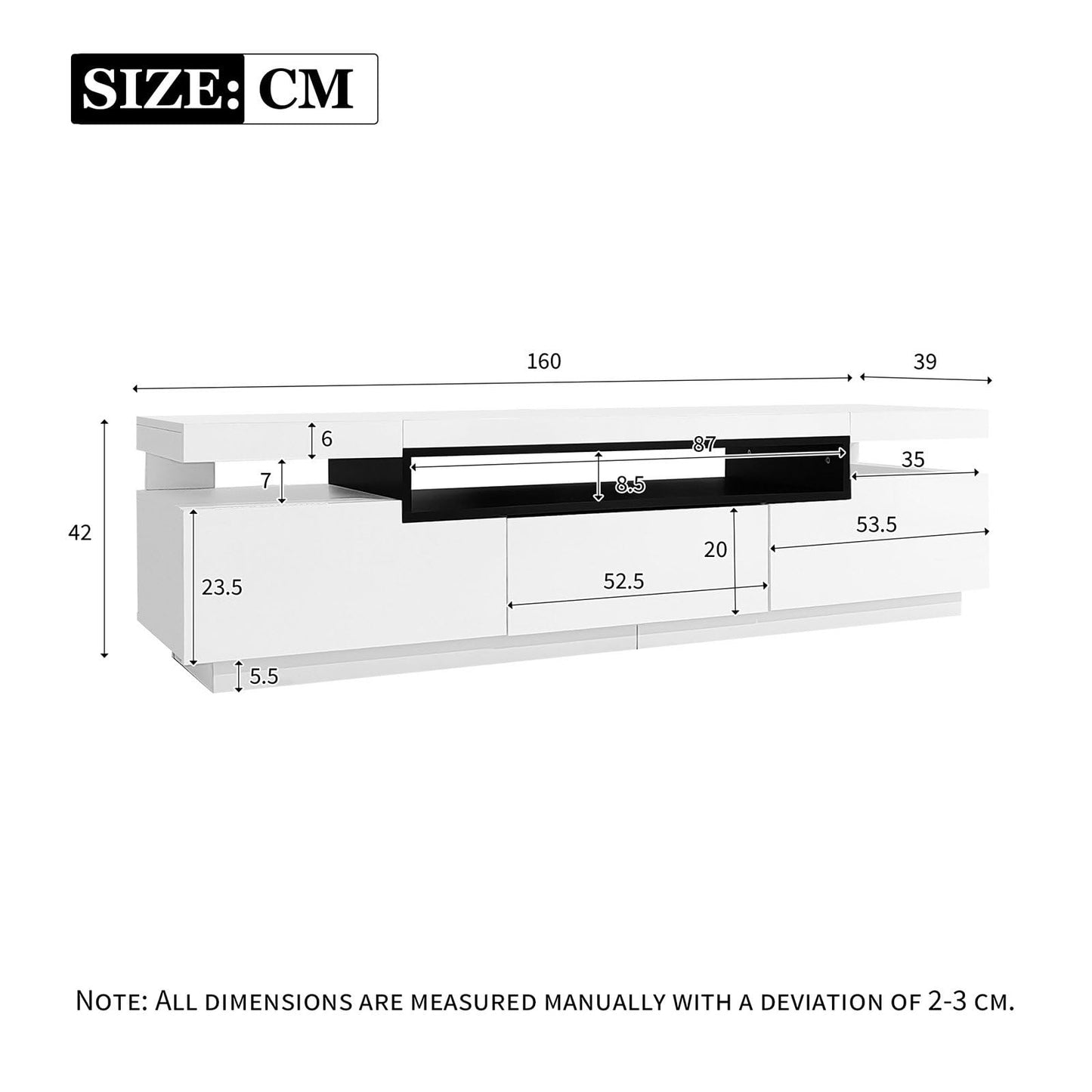 Meuble TV de 160 cm - Peut accueillir des téléviseurs de 70 à 79 pouces - Avec éclairage LED 16 couleurs - Design brillant élégant avec 3 tiroirs - Rail coulissant de qualité supérieure - 160 x 39 x