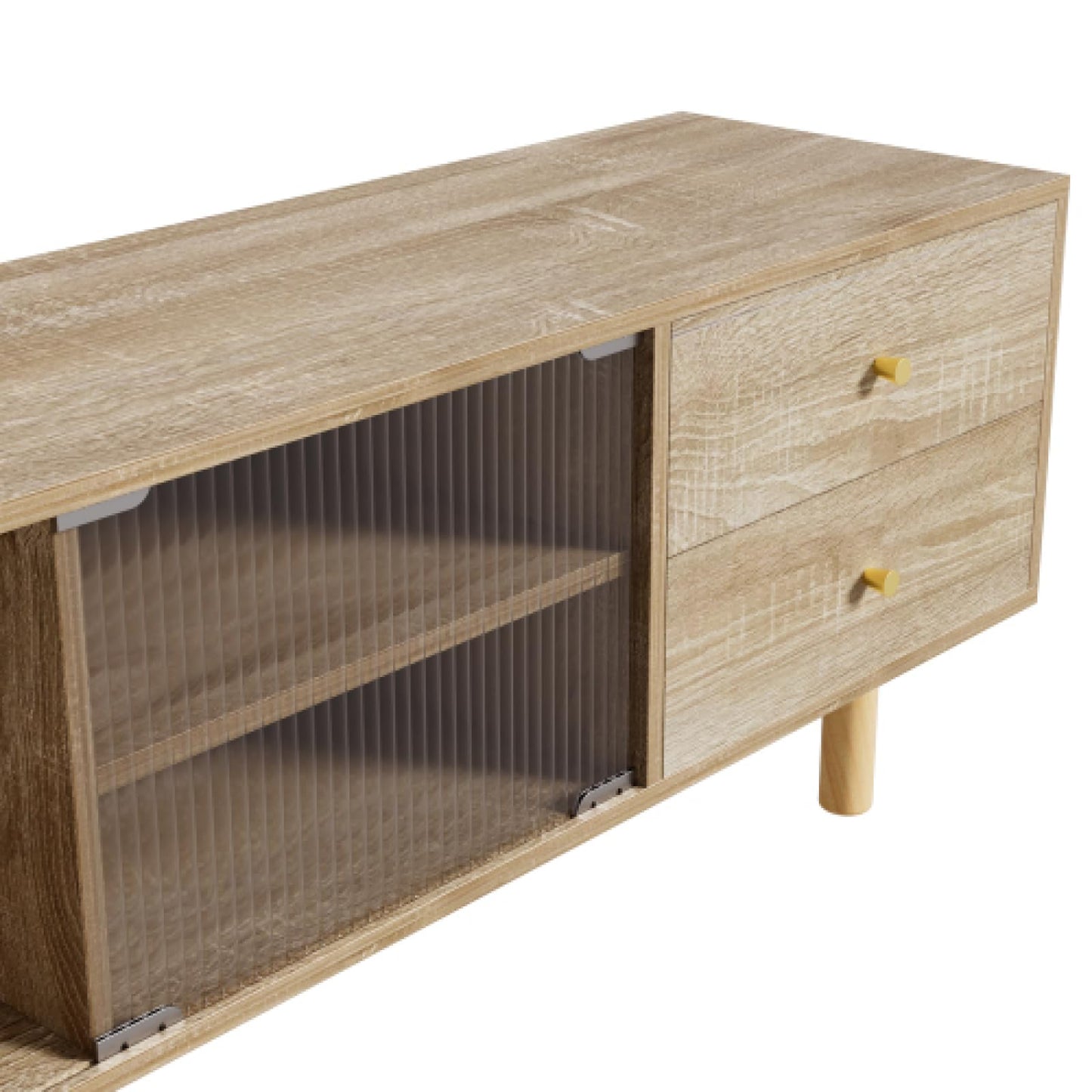Meuble TV,Meuble TV avec Porte en rotin,Meuble TV en Bois avec Porte coulissante en Verre,Table TV, Banc TV avec Deux tiroirs,Meuble TV avec cloisons Ouvertes,Meuble TV Salon Dimensions 172x35x48cm
