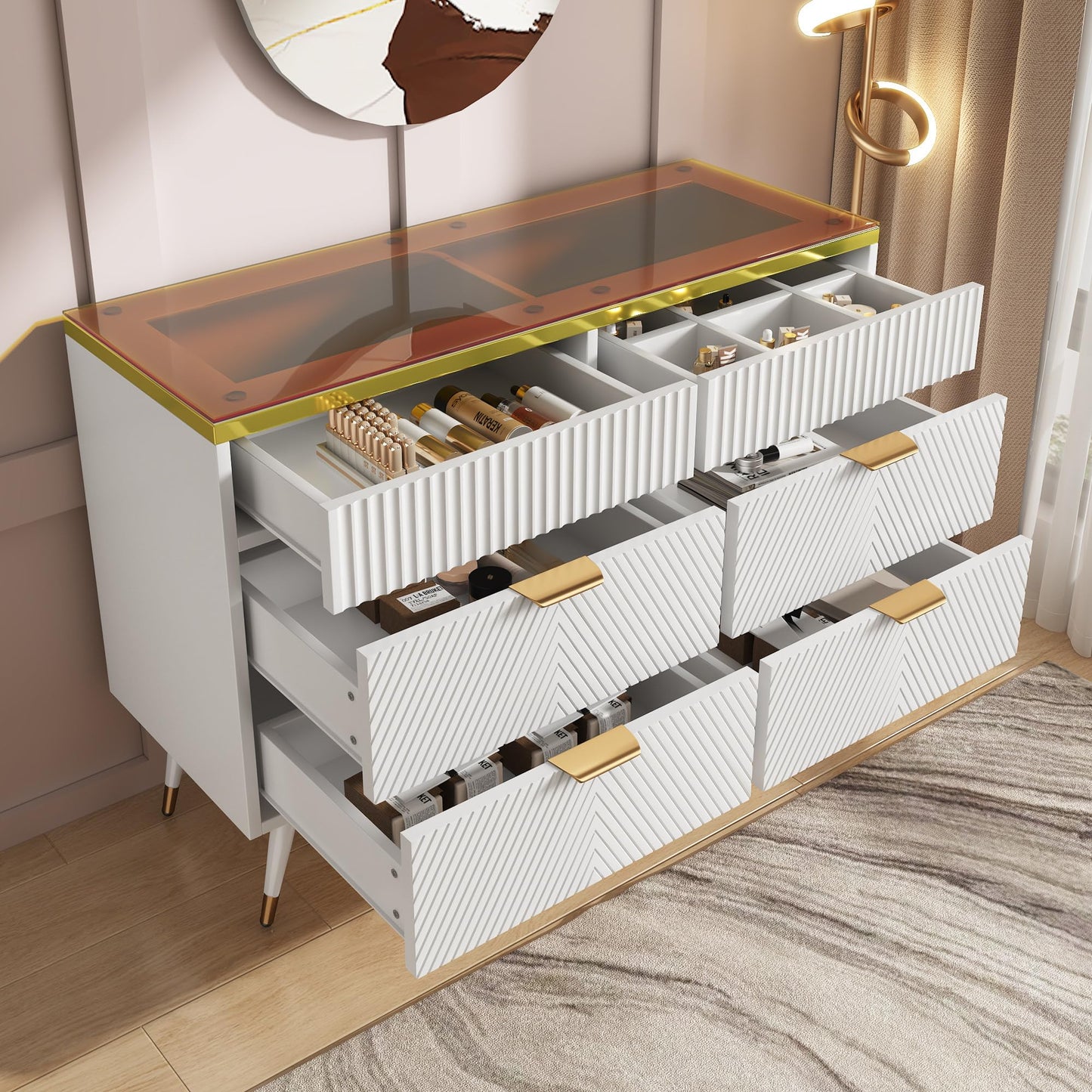 120 x 40 x 76 cm Blanc Commode Rangement avec 6 Tiroirs, Commode Salon en Verre Ambré, Buffet Moderne avec Résistance à La Pointe, Armoire Rangement Applicables à Salon, Chambre ,Salle à Manger
