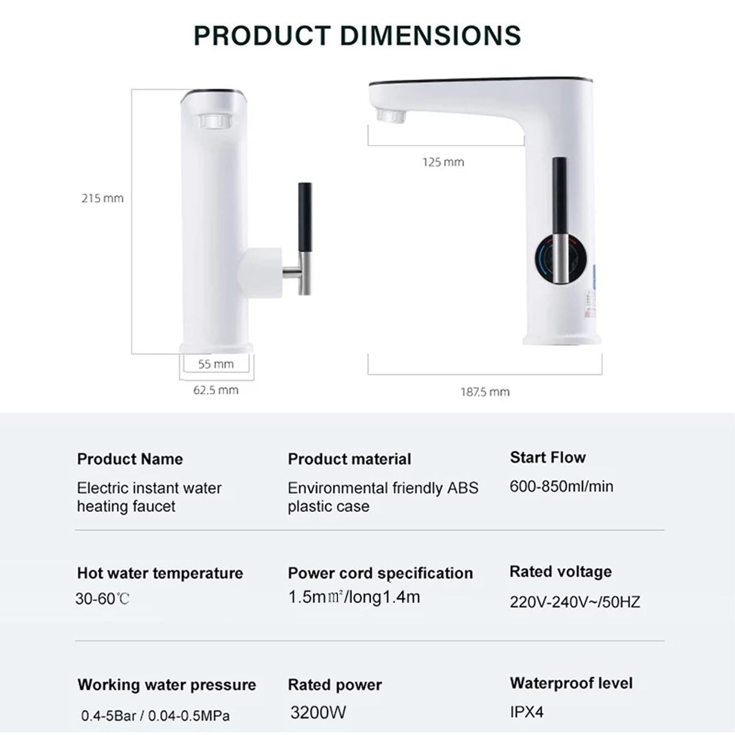 Robinet d'eau Chaude électrique Instantanée 220V, Robinet de Salle de Bains lavabo avec Affichage de la Température à LED, Robinet avec Tube Chauffant en Acier Inoxydable