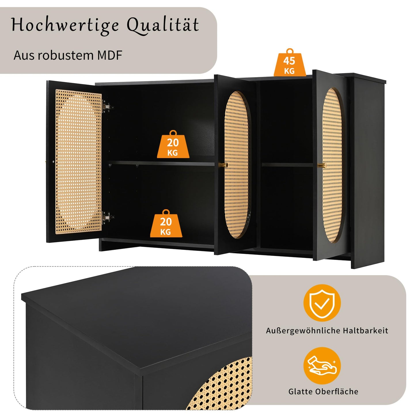 SHUGUANG 125 x 38 x 78 cm Buffet Moderne, Armoire Cuisine avec 3 Portes d'armoire Avoir Grand Espace de Rangement et Portes en Rotin Artificiel, Buffet de Salon Applicables à Salon, Salle à Manger