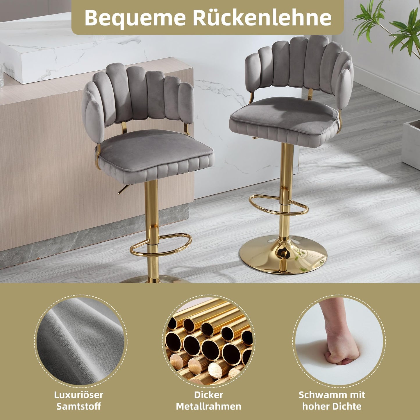 Tabouret Bar Lot de 2 Pivotants Velours Chaise de Bar à Hauteur Comptoir avec Dossier, Repose-pieds, Chaise Haute Bar Comptoir Réglables, Chaises D'îlot pour Salle à Manger, Noir/Gris/Ivoire/Émeraude