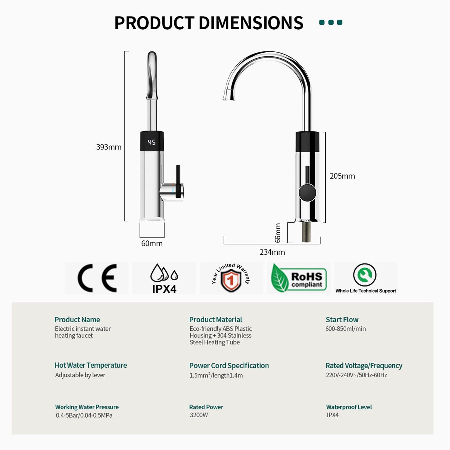 Robinet Électrique Сhauffe-Eau Instantané 3200W, Robinet électrique de cuisine avec Affichage de la température à LED, Robinet Pivotant à 360°