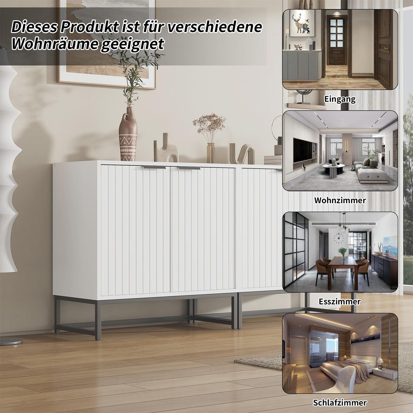 Sideboard mit 4 Türen, Küchenschrank Style Moderne, Schubladenschrank Hohe Tragfähigkeit, Mehrzweckschrank mit Metallgriffen und Rahmenbeinen, Kratzfeste Fußmatten, 160 x 80.5 x 40 cm (B/H/T)