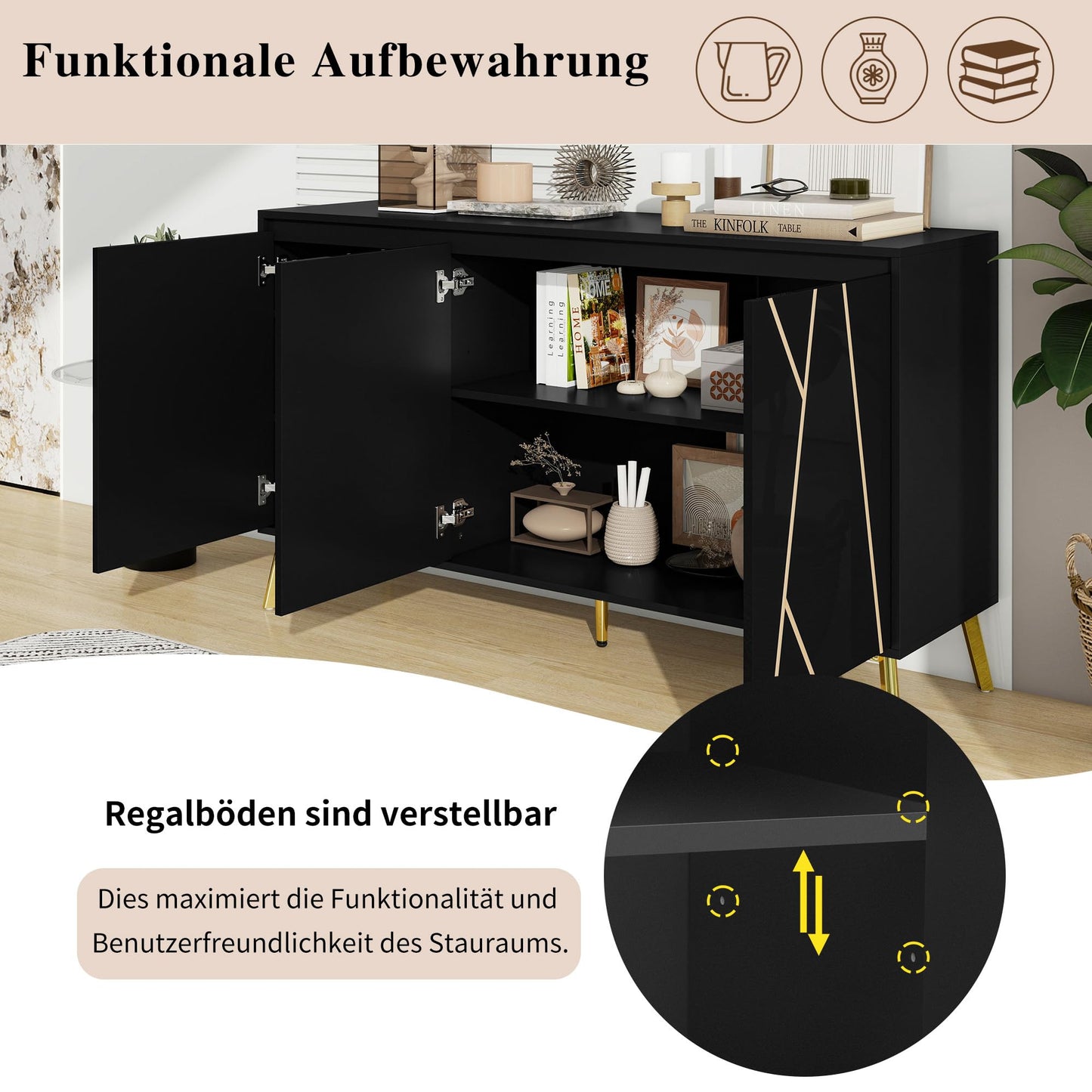 Buffet de Style Moderne au Design Unique Bahut avec 3 Portes, Sans Poignées, Armoire Latérale de Salon, Meuble Buffet de Cuisine, Armoire de Rangement pour Salle à Manger, Entrée (Blanc/Noir)