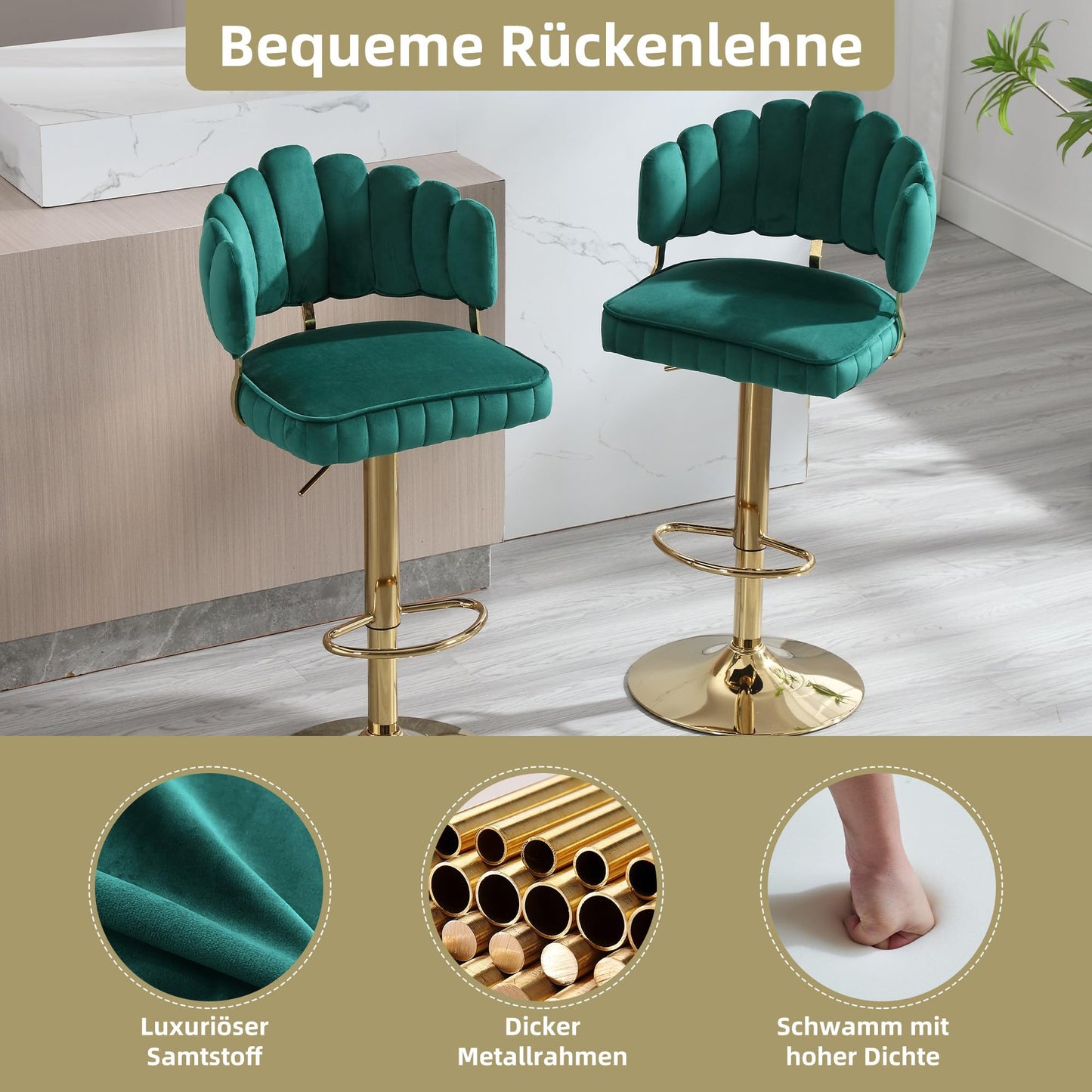 Tabouret Bar Lot de 2 Pivotants Velours Chaise de Bar à Hauteur Comptoir avec Dossier, Repose-pieds, Chaise Haute Bar Comptoir Réglables, Chaises D'îlot pour Salle à Manger, Noir/Gris/Ivoire/Émeraude