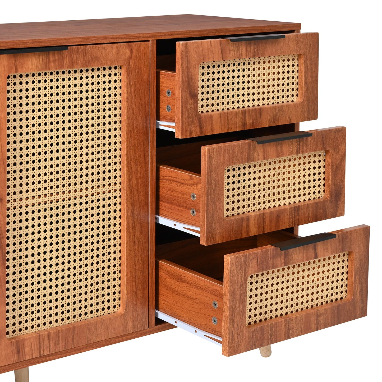 Buffet Vintage Rotin Style Bohème Bahut avec 2 Portes et 3 Tiroirs, Équipé de Poignées Noires, Armoire de Style Maison de Campagne pour Salle à Manger, Cuisine, Entrée, Salon (Bois Naturel/Noyer)