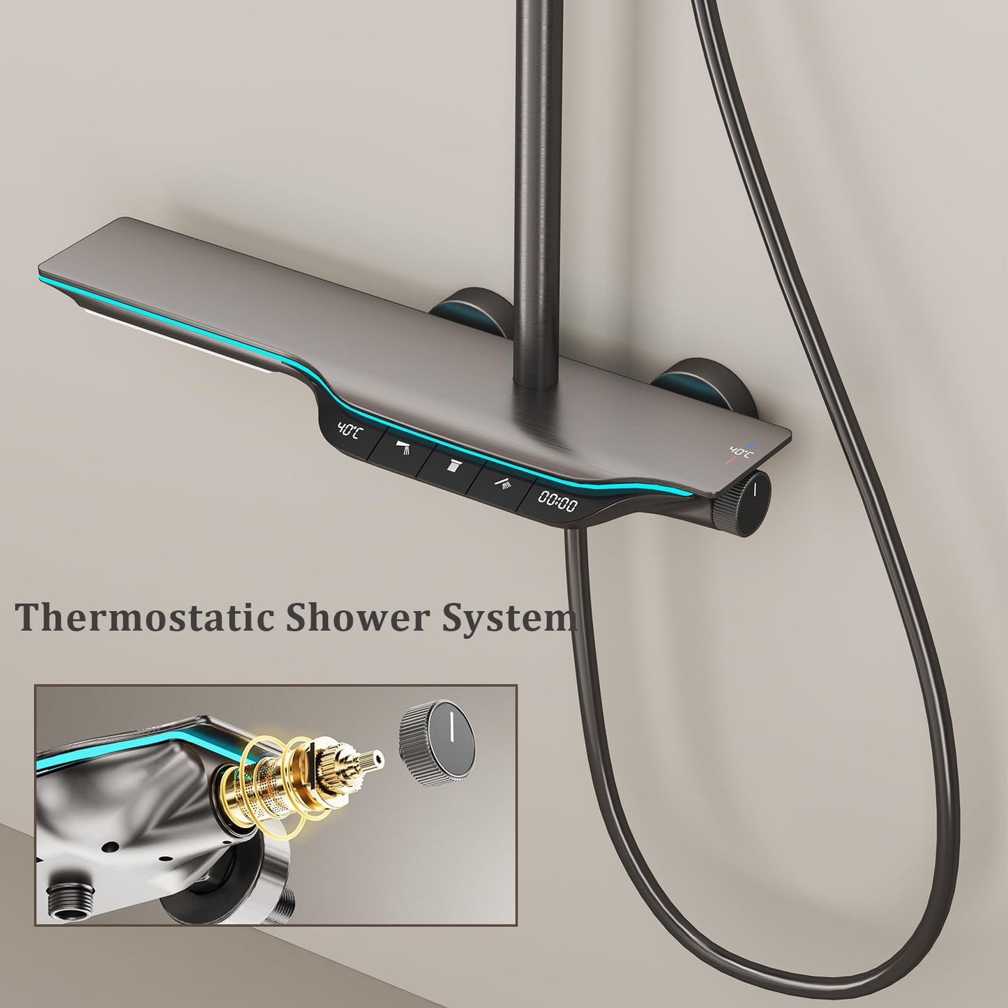 Colonne de Douche Thermostatique Colonne Douche Salle de Bain Affichage Numérique Colonne de Douche avec Mitigeur, Gris Pistolet Hauteur RéGlable Ensemble de Douche avec Douchette