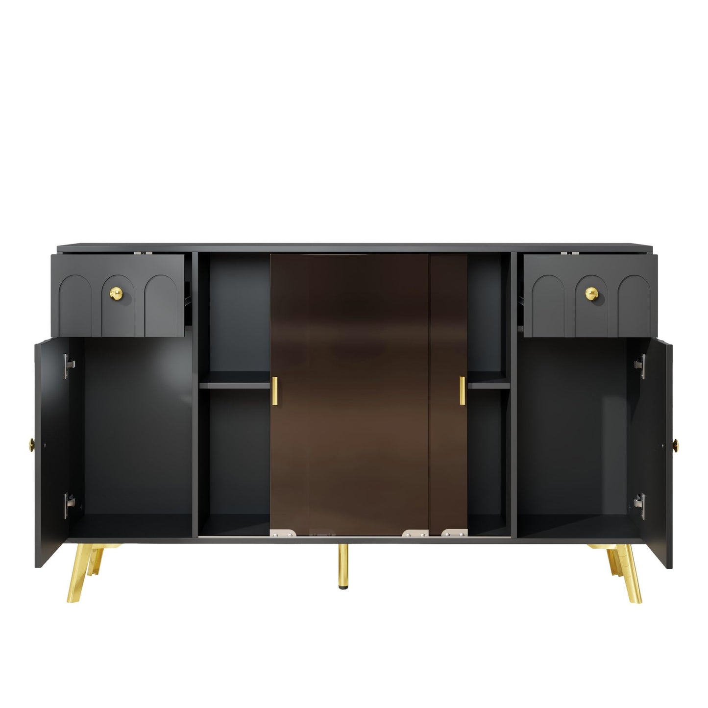 SHUGUANG Buffet Commode Bahut Vaisselier avec Verre Marron, Poignées et Pieds en Métal, Moderne Noir Buffet avec Panneaux Incurvés, Meuble de Rangement pour Salle à Manger/Salon, 150 x 30 x 89,7 cm