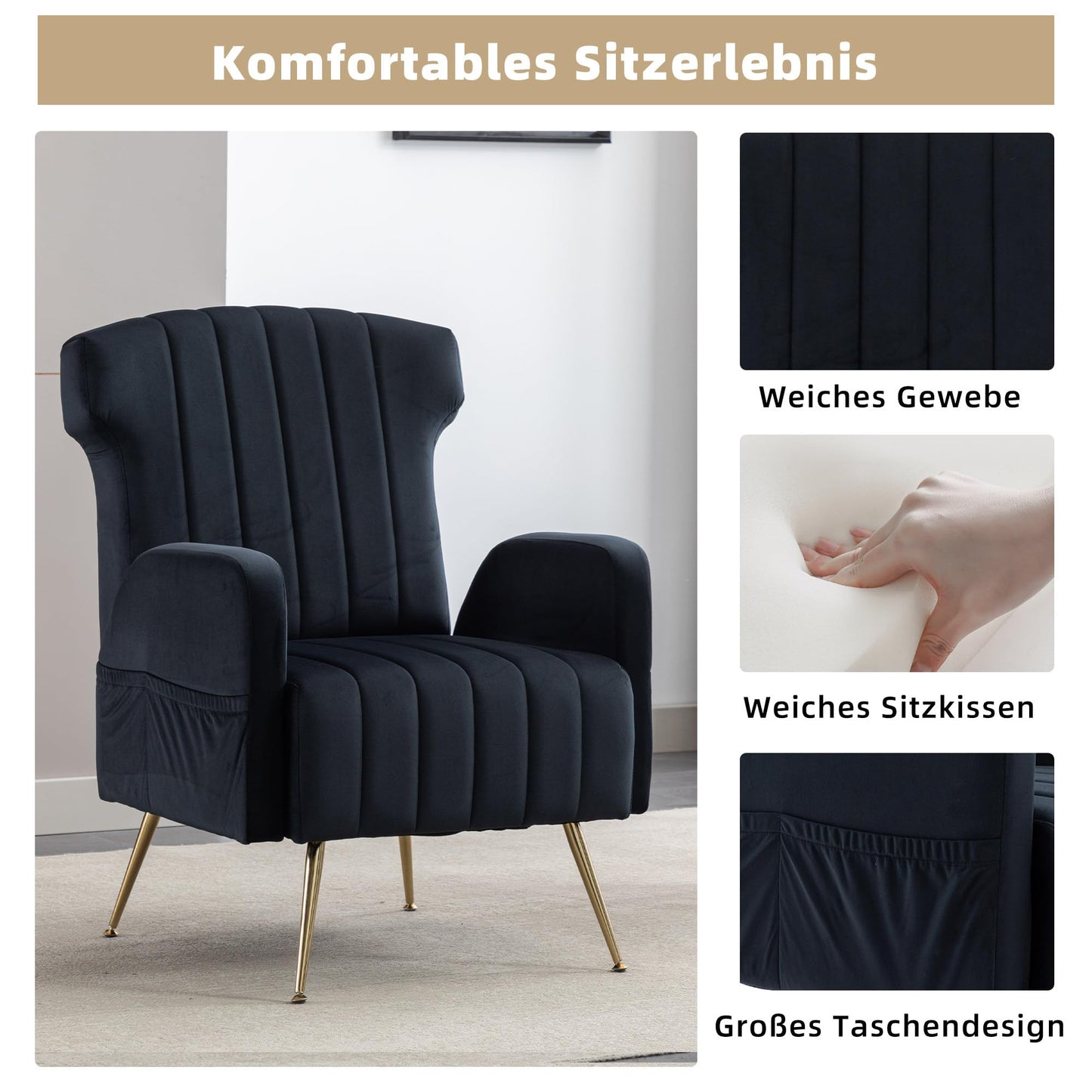 SHUGUANG Fauteuil Confortable Velours, Fauteuil Salon Confortable Chaise Coiffeuse avec Pieds Métalliques Dorés, Forme de Chaise Cigare Chaise de Lecture en Vigueur Chambre à Coucher, Salon