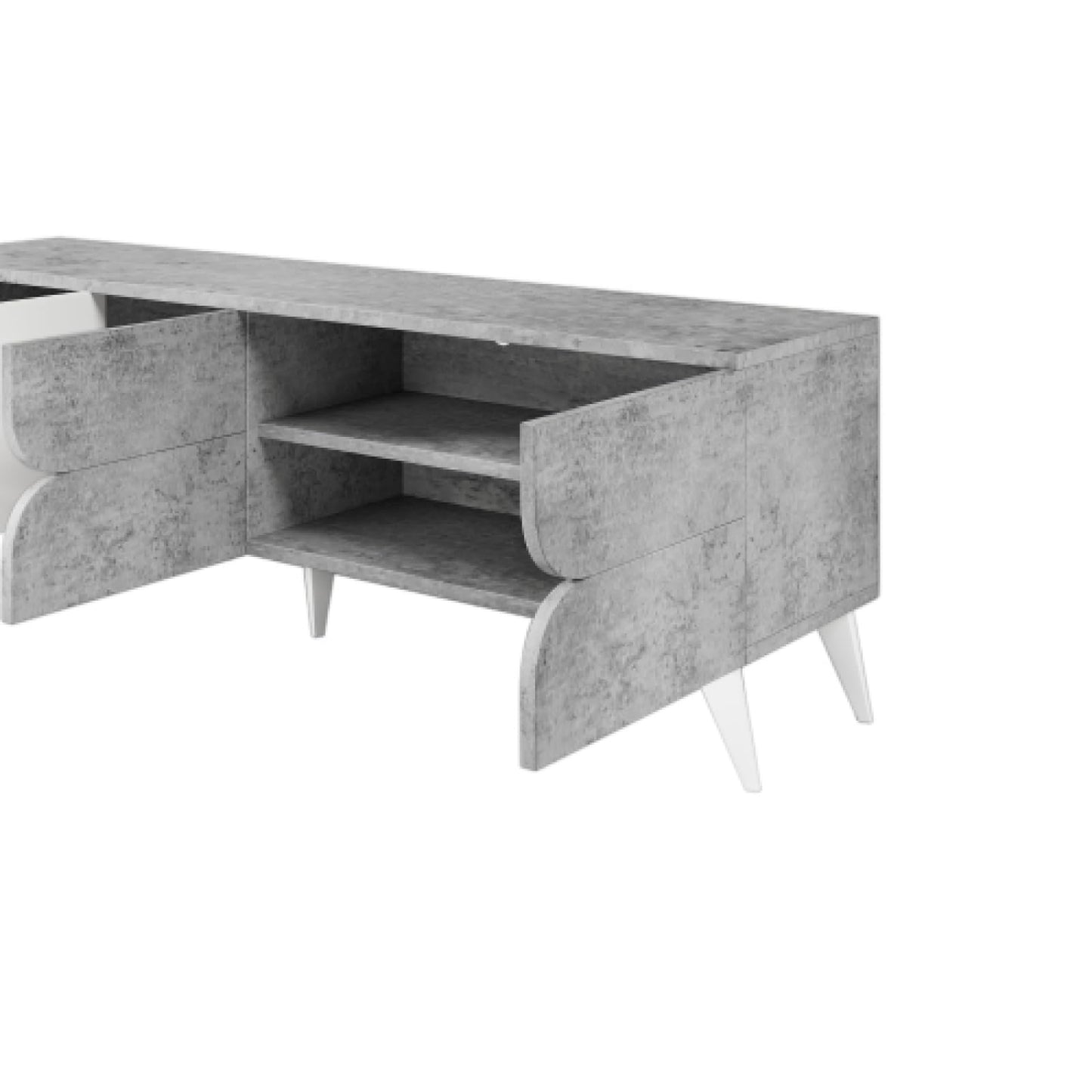 Meuble TV, Gris Ciment avec Meuble TV Blanc, Meuble TV à Compartiment Ouvert, Banc TV jusqu'à 50-59 Pouces, Meuble TV avec Portes d'armoire à Trois pétales, Taille du Meuble TV du Salon 160X40X51cm