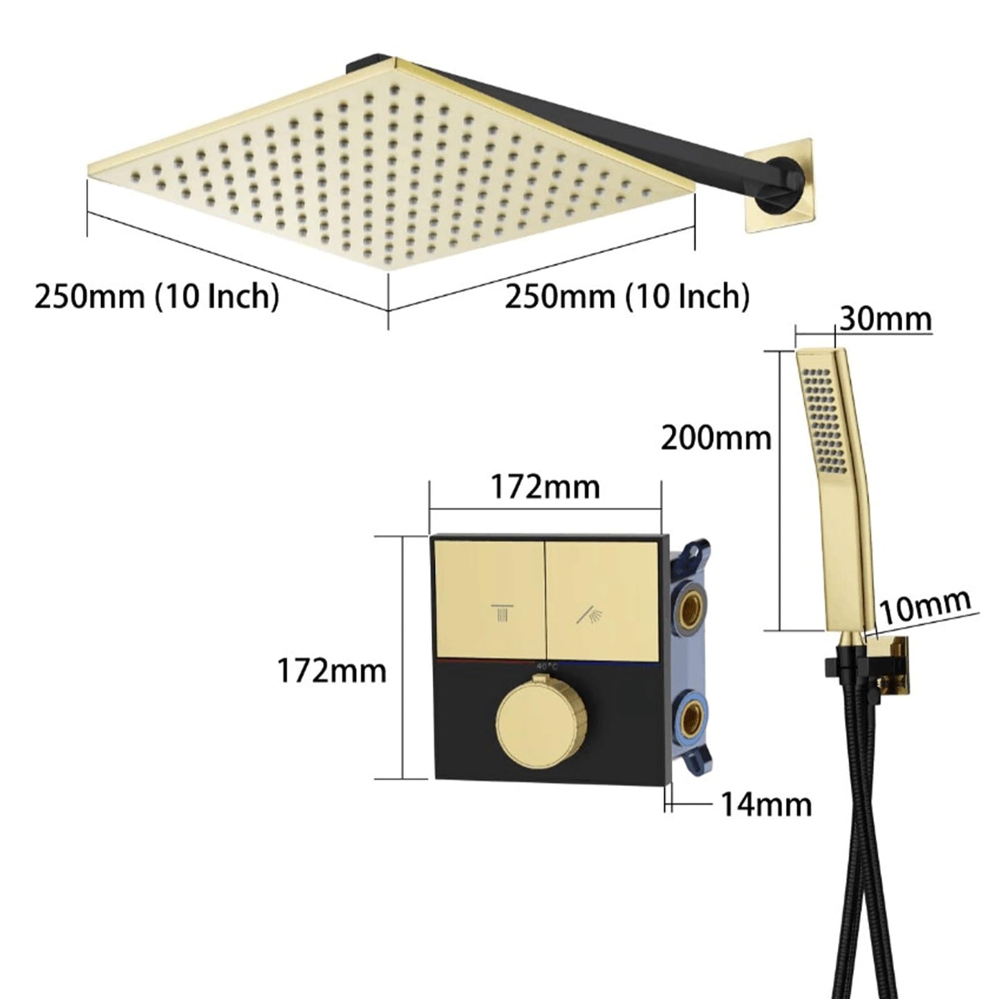 Colonne de Douche Thermostatique,Système de Douche Encastré Ensemble de Douche Or Brossé et Noir Colonne Douche Encastrable Set de Douche avec 25cm Pommeau de Douche,Douchette