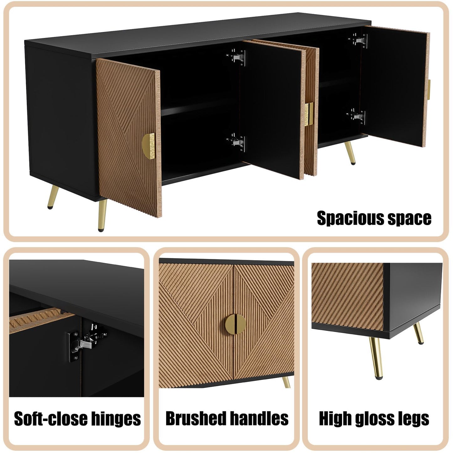 Sideboard mit 4 Türen, Kommode, Küchenschrank, Mehrzweckschrank für Wohnzimmer, Esszimmer, Schlafzimmer, Goldene Gebürstete Griffe, Hochglanz Tischbeine, Premium MDF und PB, 160 x 75 x 40 cm (B/H/T)