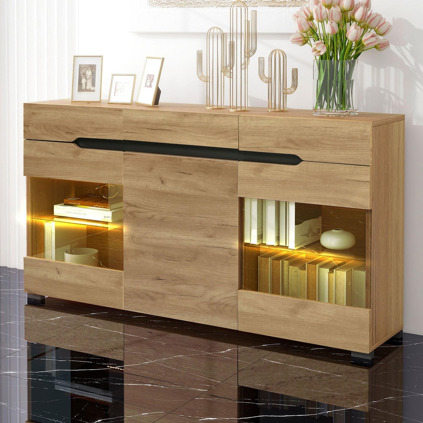 Buffet Salon LED, Meuble Buffet avec 3 Portes 3 Tiroirs, Vitrine Couleur Bois, Commode de Chambre Moderne et Élégante, Beaucoup D'espace de Rangement, Portes Acrylique Transparent, 140x35x80 cm