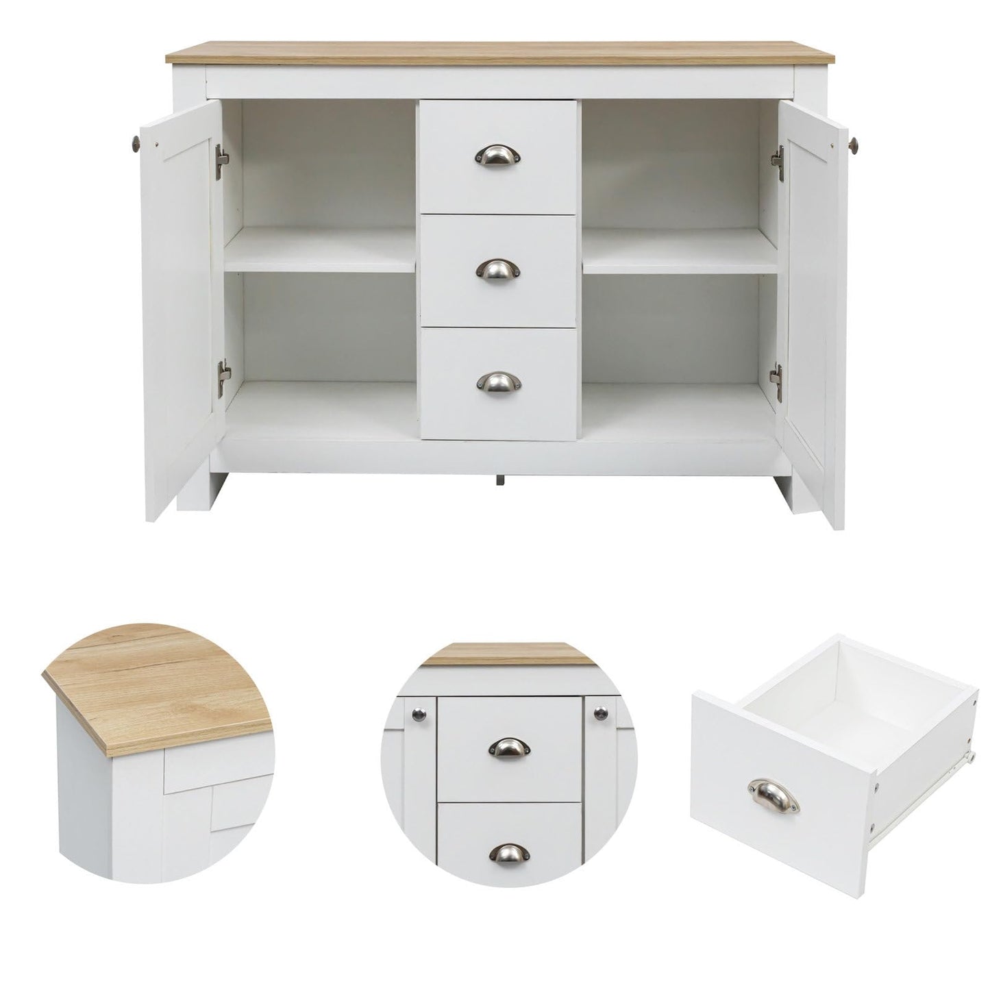 Kommode, Sideboard, Küchenschrank mit 2 Türen und 3 Schubladen, Mehrzweckschrank Hohe Tragfähigkeit, Schubladenschrank Soft Close Scharnieren, Verstellbare Regalhöhe, 116 x 81 x 35 cm(B/H/T), Weiß
