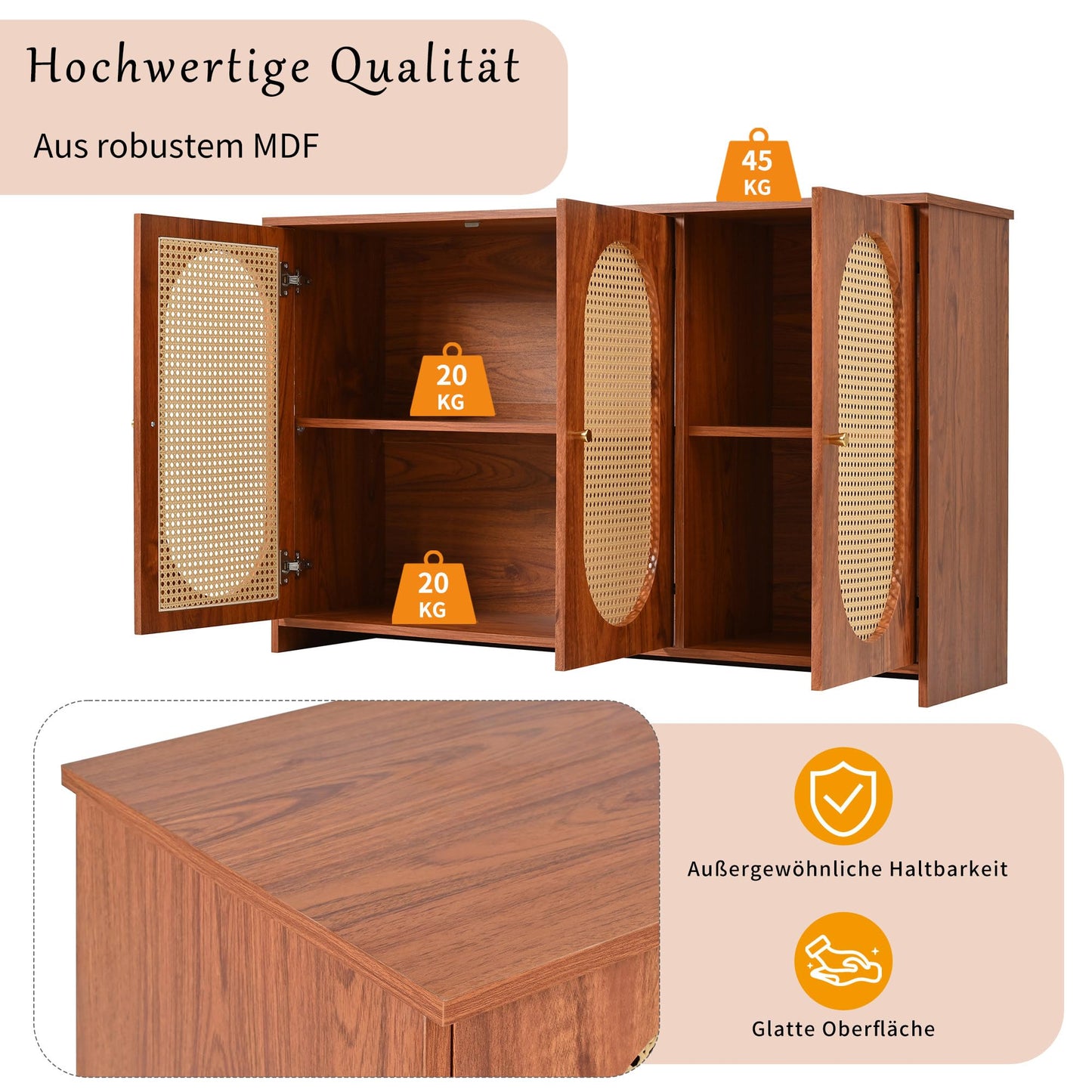 SHUGUANG 125 x 38 x 78 cm Buffet Moderne, Armoire Cuisine avec 3 Portes d'armoire Avoir Grand Espace de Rangement et Portes en Rotin Artificiel, Buffet de Salon Applicables à Salon, Salle à Manger
