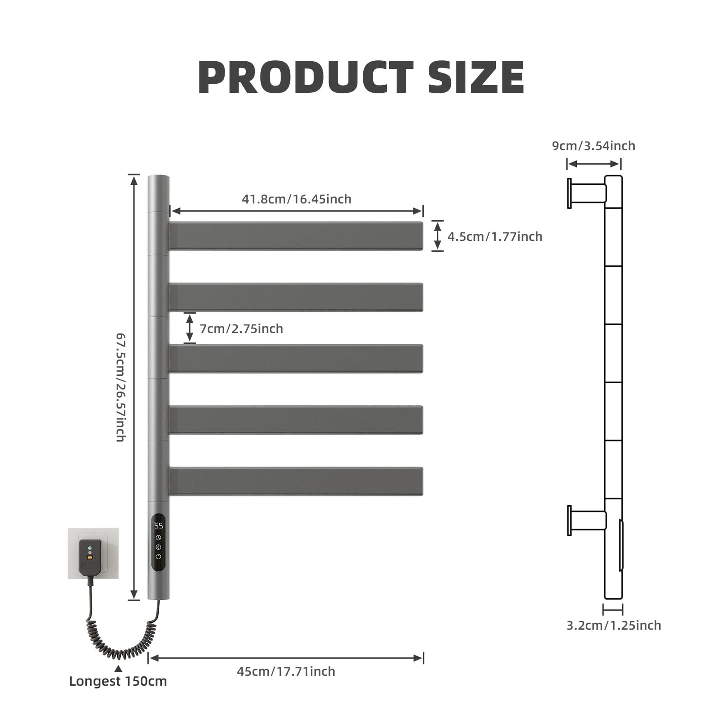 OihPaw Sèche-serviette électrique,Rotation à 180° Porte-Serviettes électrique, 675x450mm, Serviette Murale Intelligent à Température Constante, Chauffe-Serviettes - G68