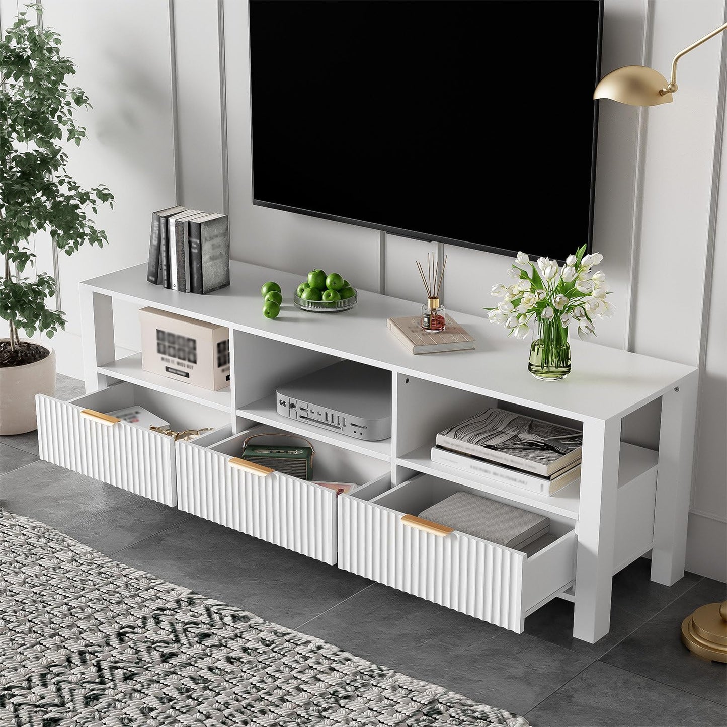 Meuble TV, Meuble Télé de Salon avec Éclairage LED 16 Couleurs, Armoire De Télévision avec 3 Tiroirs et 3 Compartiments Ouverts, Capacité de Charge de 130 lb, Poignée Dorée, 152.5 x 39.5 x 50 cm