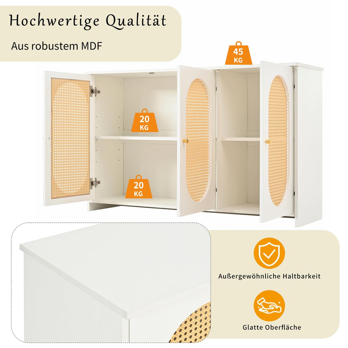 SHUGUANG 125 x 38 x 78 cm Buffet Moderne, Armoire Cuisine avec 3 Portes d'armoire Avoir Grand Espace de Rangement et Portes en Rotin Artificiel, Buffet de Salon Applicables à Salon, Salle à Manger