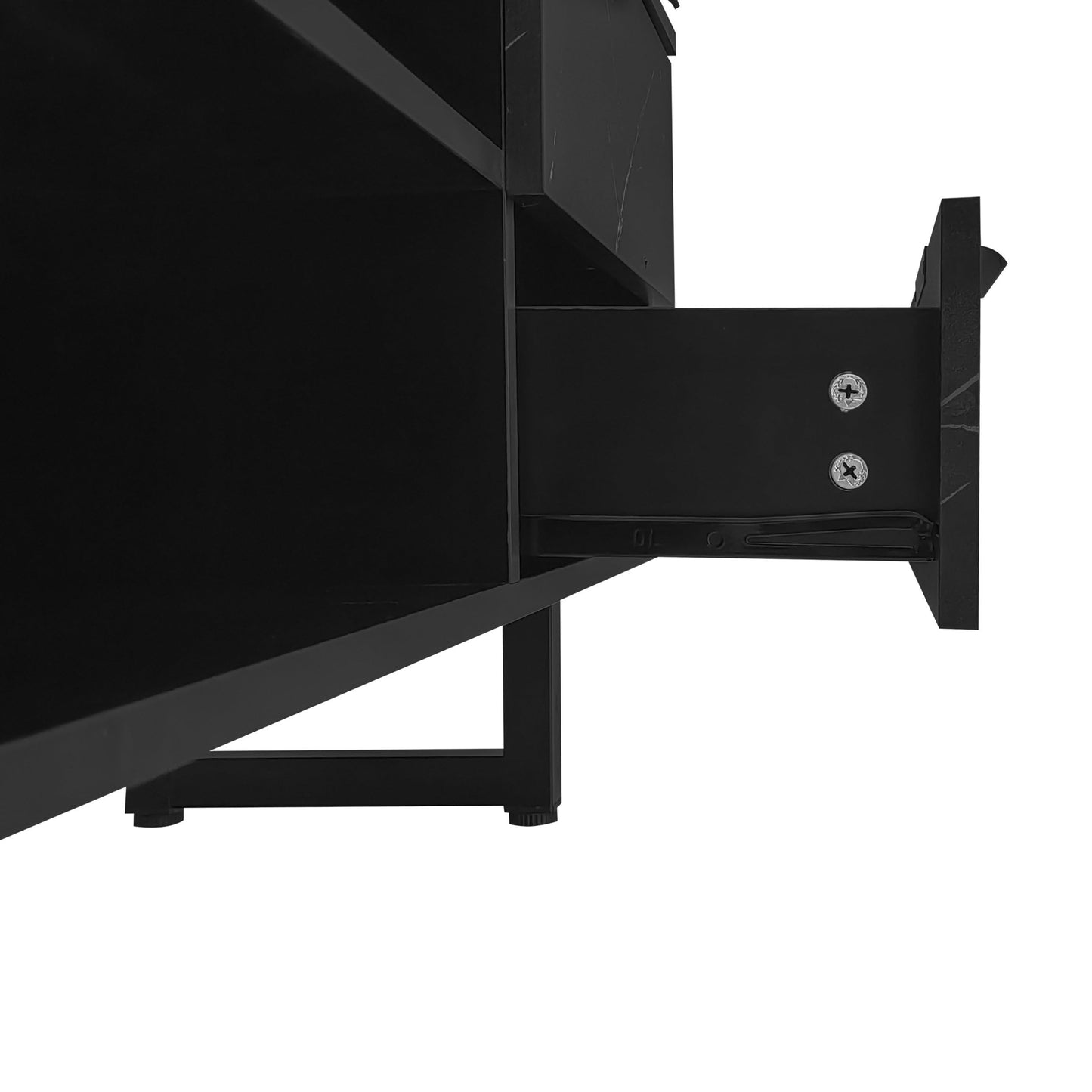 Meuble TV LED Banc TV Moderne Aspect Marbre Noir, Portes en Grain de Bois Foncé, Meuble Télé avec Lumières LED Réglables, Table TV avec Deux Portes et Deux Tiroirs, Adapté pour Robot Aspirateur Marque : SHUGUANG