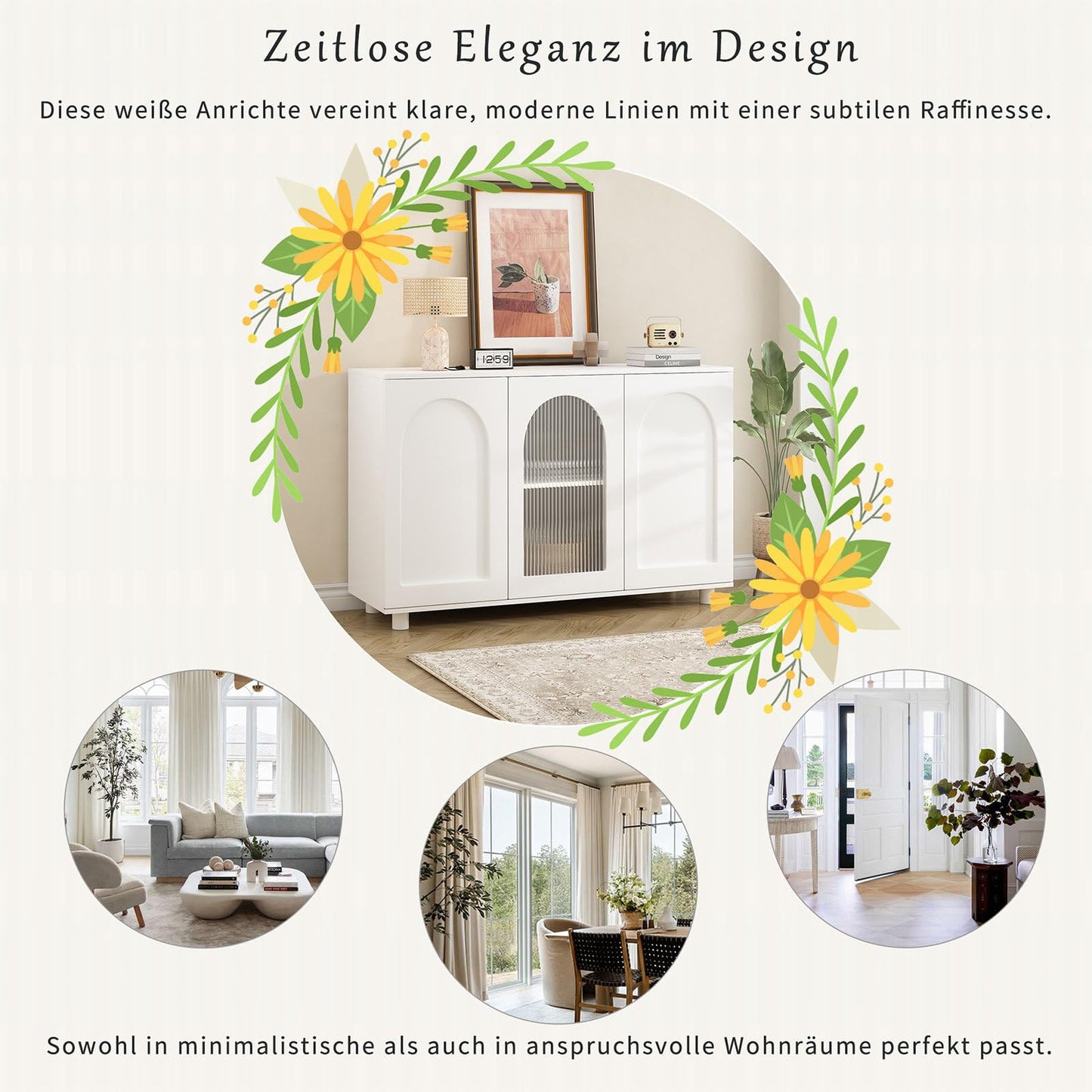 Sideboard mit 3 Türen, Küchenschrank Glastür, Kommode U-förmig Einfaches Design, Mehrzweckschrank Hohe Belastung, Verstellbare Regalhöhe, Sprungbrett-Design, 120 x 78.5 x 40 cm(B/H/T), Weiß