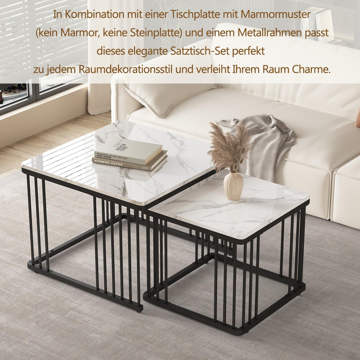 Lot de 2 Tables Basses Gigognes Carré, Tables Basse Empilable Aspect Marbre, Table Basse Salon Chambre avec Cadre en Métal, Polyvalent Tables Bassee pour Bureau, Appartement
