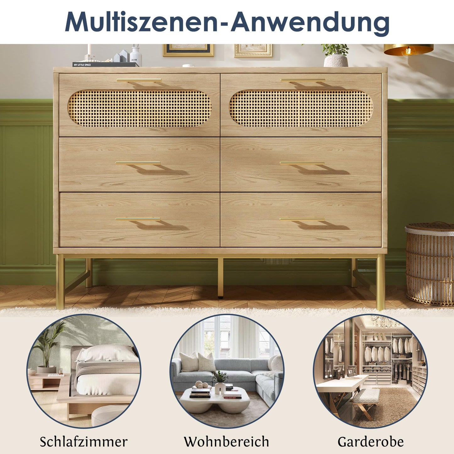 SHUGUANG Buffet en Rotin avec 6 Tiroirs, Commode de Chambre Style Bohème, Vaisselier, Meuble de Rangement pour Salon et Entrée, Poignées en Métal Doré, Anti-Inclinaison, 120 x 40 x 74 cm, Chêne