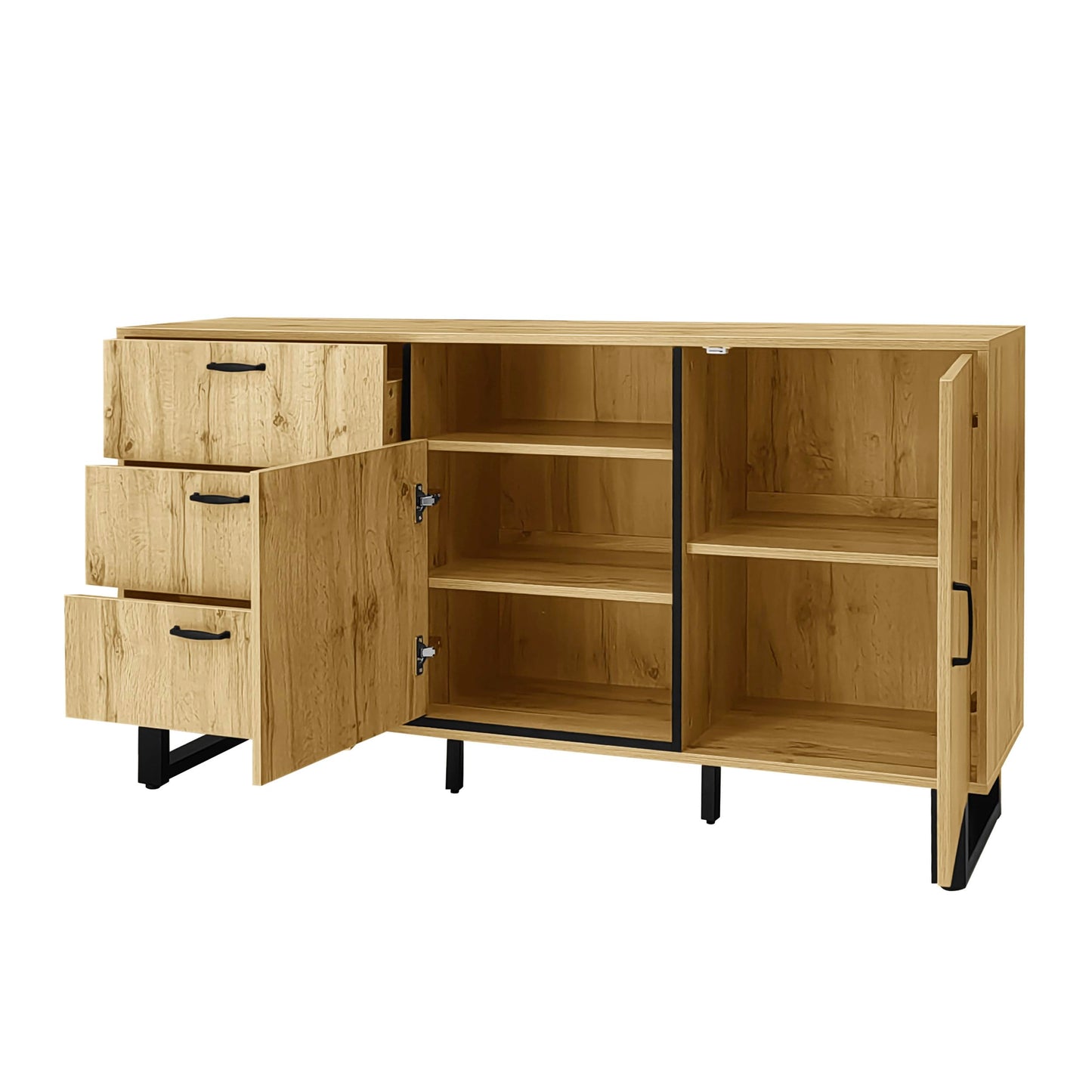 SHUGUANG Buffet Rustique Élégant, Commode Chambre à Coucher, Buffet avec 3 Tiroirs, 2 Portes et Compartiment Ouvert, Grand Espace de Rangement, Étagères Réglables, Vitrine en Bois, 150x38x76,5 cm