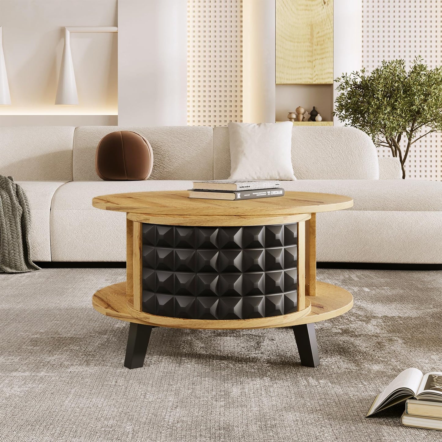Table basse, table pivotante, table basse ronde, avec étagère interne cachée, table basse couleur bois avec pieds noirs, étagère de rangement rotative à 360 degrés, table basse 85,2 x 80 x 45,2 cm