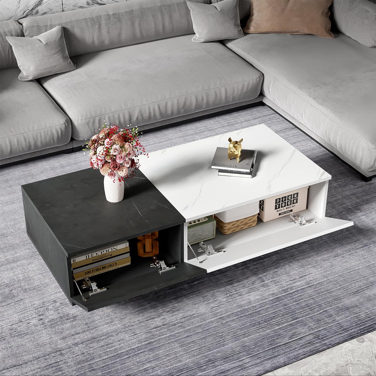 Peiaw Table Basse,Table de Salon,Aspect marbre Noir et Blanc,Deux Portes de Placard,avec Espace de Rangement,Table de canapé équipée de charnières amortissantes,Table Basse de 110 x 50 x 28 cm