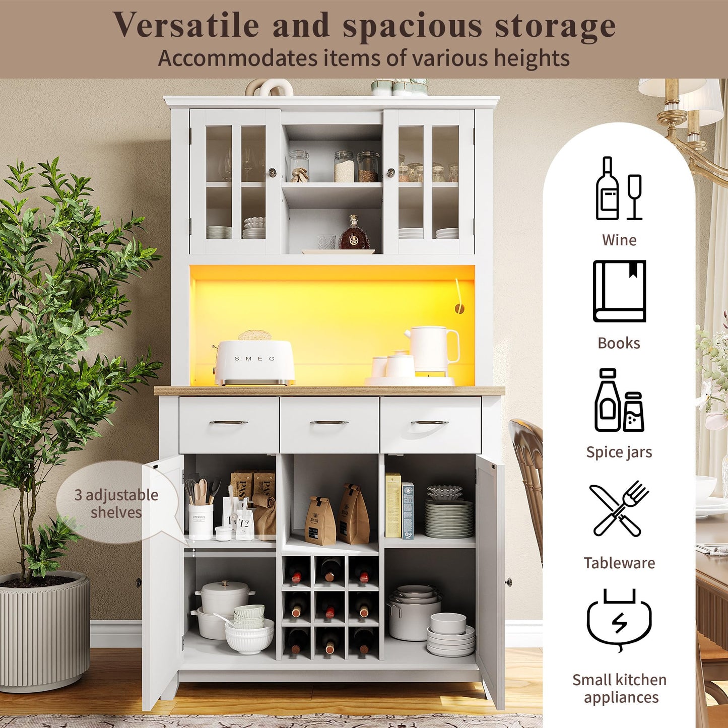 Armoire de Cuisine, Enfilade Buffet Haute, Vitrine avec Étagères Réglables et Casier à Vin, Buffet de Salon avec Éclairage LED, Beaucoup D'espace de Rangement, 106*40*179.5cm (Tiroirs Blanc/Bois)