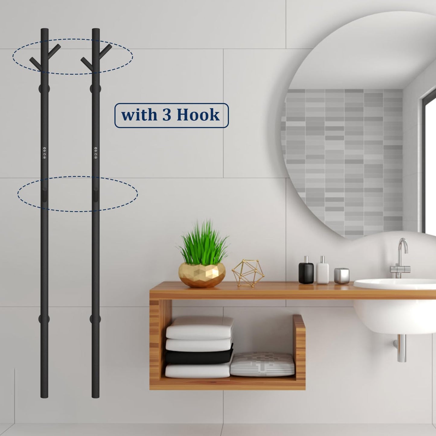 Sèche-Serviette Électrique Noir, 30 W Chauffe-Serviettes 1525×65mm WiFi Intelligent Porte-Serviettes Chauffant Électrique Mural Commande Tactile à LED Radiateur de Salle de Bain avec 3 Patère