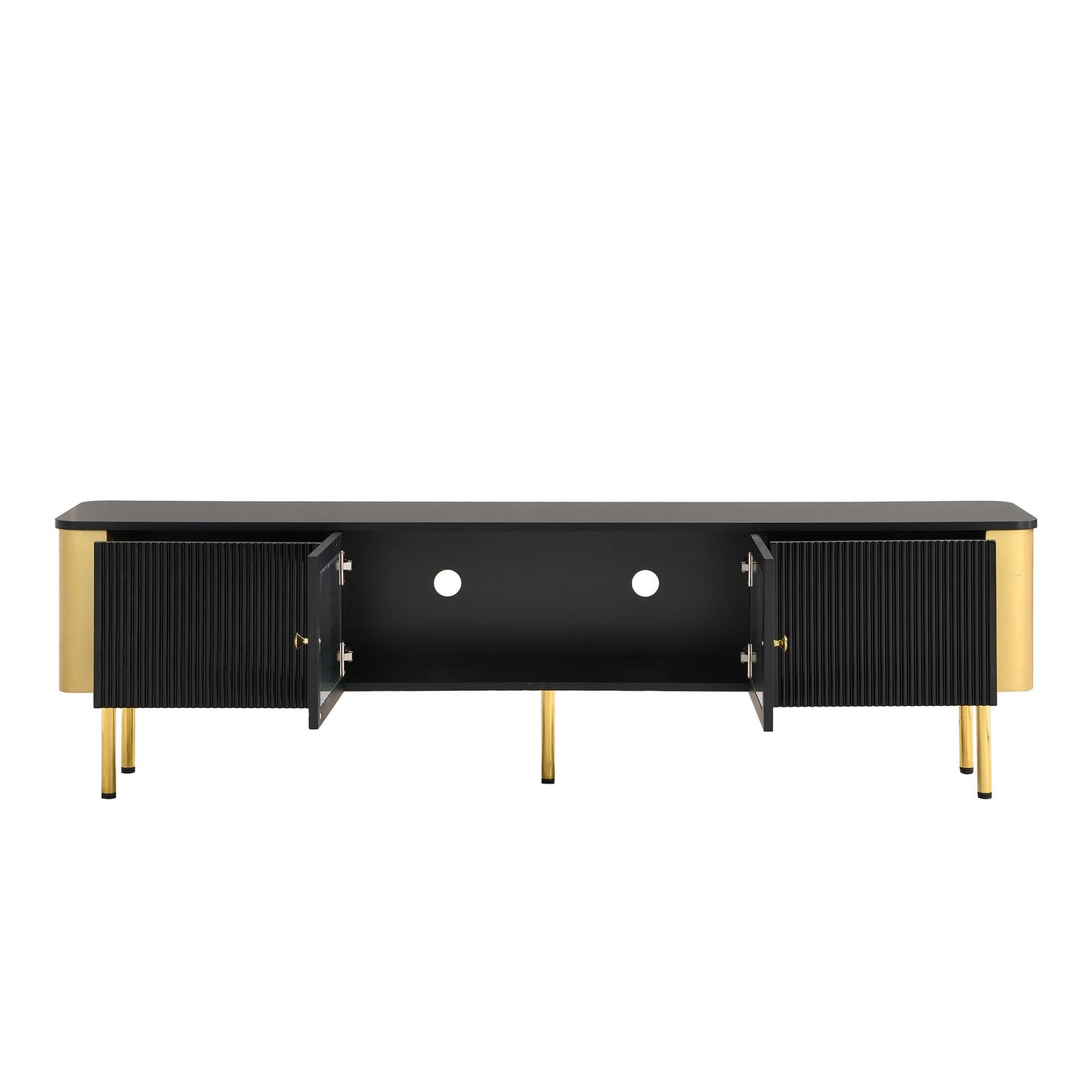 Meuble TV Moderne 170 cm Banc TV pour Téléviseurs Jusqu'à 65 Pouces, Tiroirs et Panneaux de Porte de Forme Spéciale, Poignées et Pieds Dorés, Forme D'arc, Élégant Luxueux Meuble Salon, Meuble TV Bas