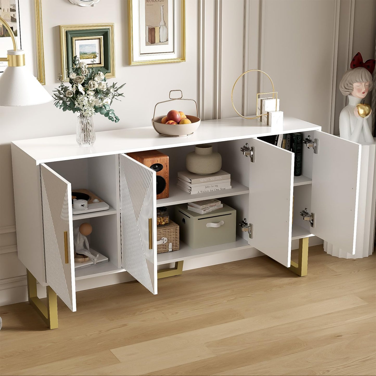 Buffet, meuble de rangement vertical Blanc, armoire multifonctionnelle, très grand espace de rangement, buffet avec portes brillantes et poignées dorées, design 4 portes, Buffet 150 x 40 x 82 cm