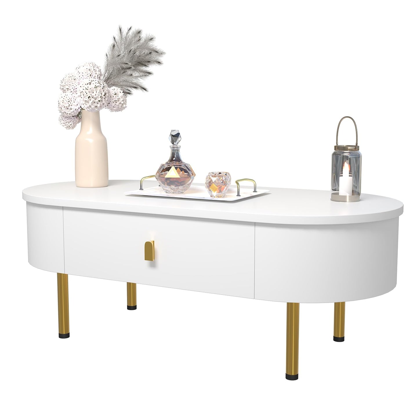 Peiaw Table Basse,Table de Salon,Table Basse Moderne,Table Basse avec tiroir,Table Basse de Salon Blanche,Poignées dorées et Coins incurvés,1 tiroir,Table Basse 108 x 50 x 40 cm