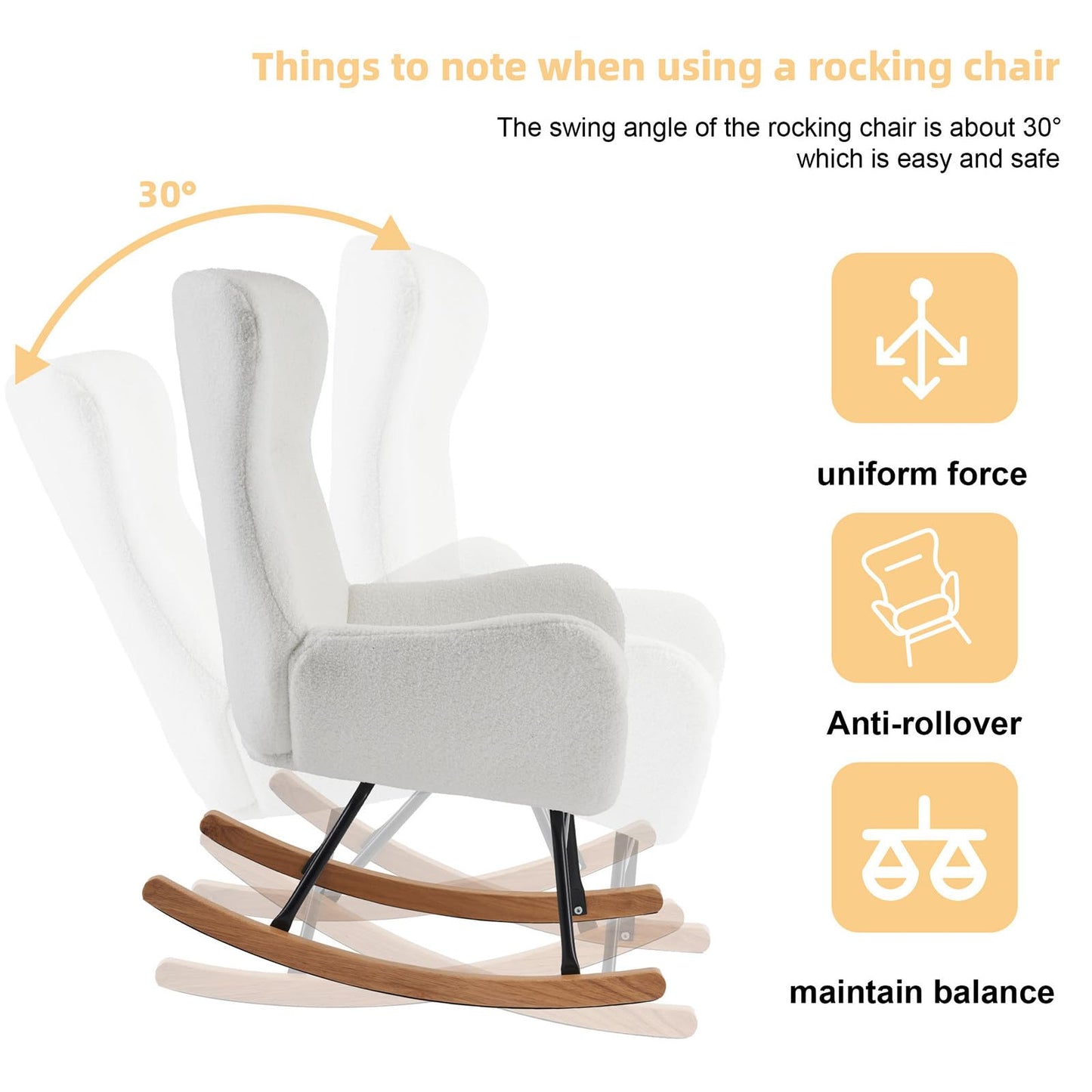 Fauteuil à Bascule, Allaitement Rocking Chair Épaissir Rembourré, Scandinave Velours Peluche Chaise Loisir avec Pieds en Bois Massif, Capacité 150 kg, pour Salon, Chambre, Balcon, 96x68x90cm