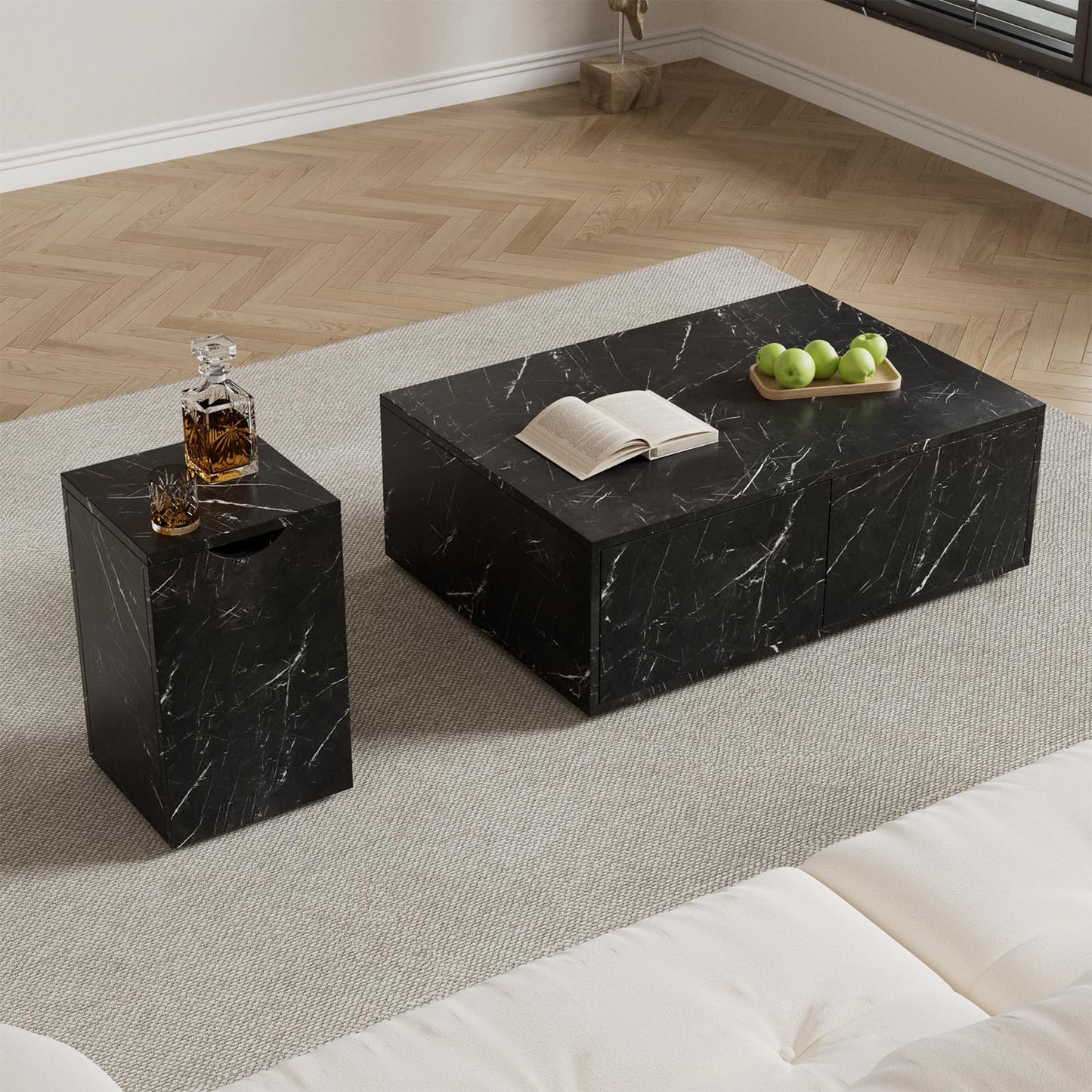 Table basse,Table d'appoint de canapé,Lot de 2 tables basses modernes noires,Table basse carrée avec tiroirs,Table basse motif marbre,Table basse modulable,Table basse 100x33,5x70cm et 32x32x50cm