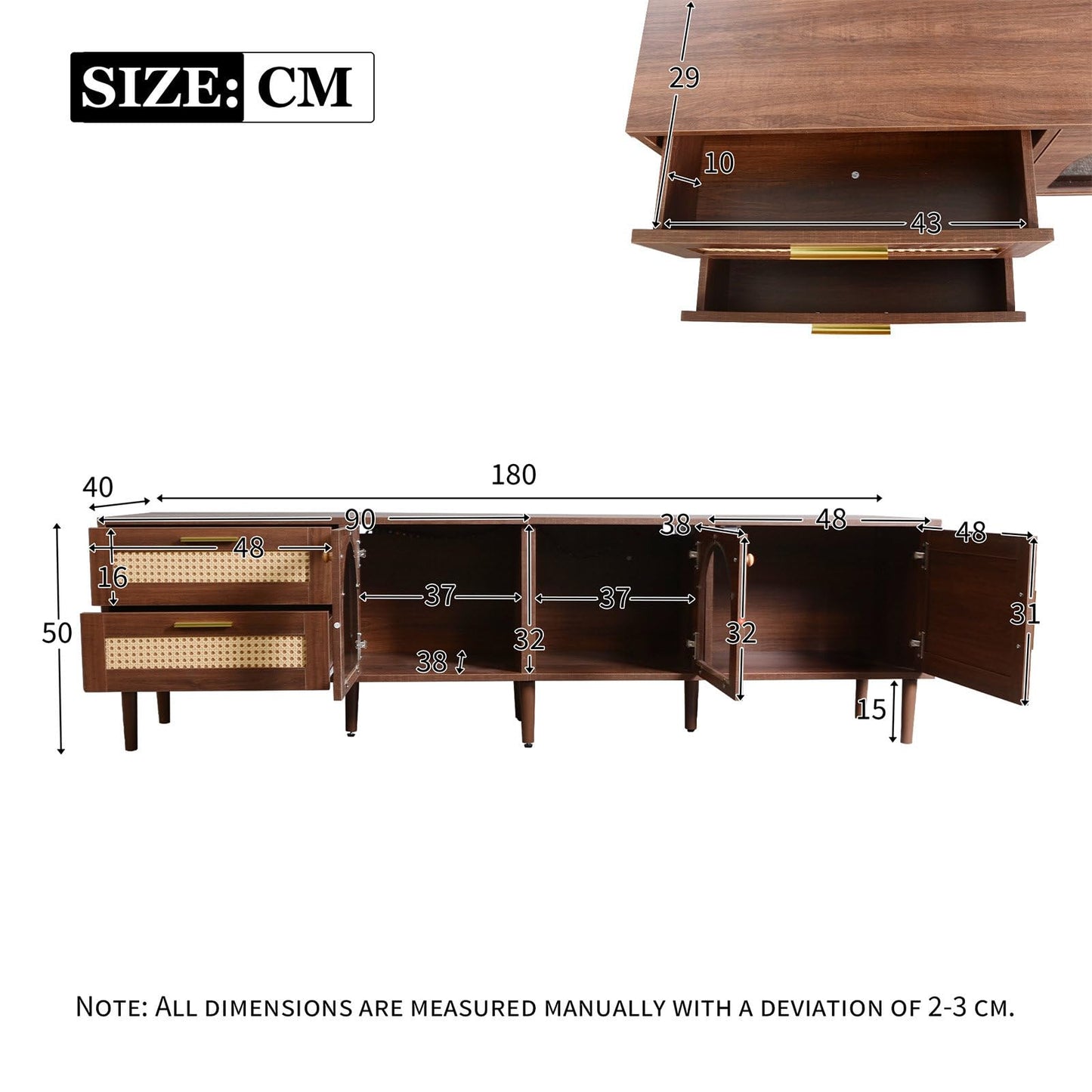 Meuble TV 180cm, Armoire De Télévision Rotin Tressé, Meuble Télé de Salon Convient Aux Téléviseurs de 80 Pouces, Table Télévision 2 Ports de Gestion des Câbles, 2 Portes 2 Tiroirs 4 Étagères Ouvertes