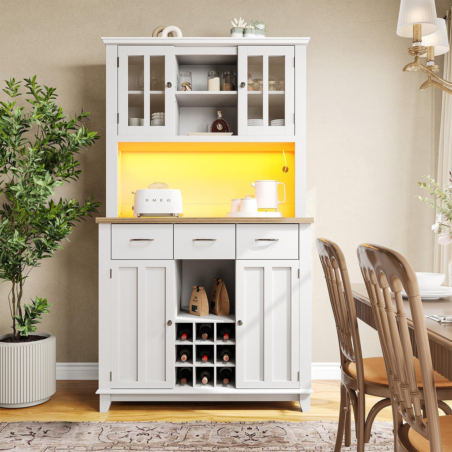 Buffet de Cuisine avec Éclairage LED, Armoire de Cuisine Anti-Basculement, Meuble Cuisine Rangement Étagères Réglables, Bibliothèque avec Poignée en Alliage D'aluminium, 106 x 40 x 179.5 cm