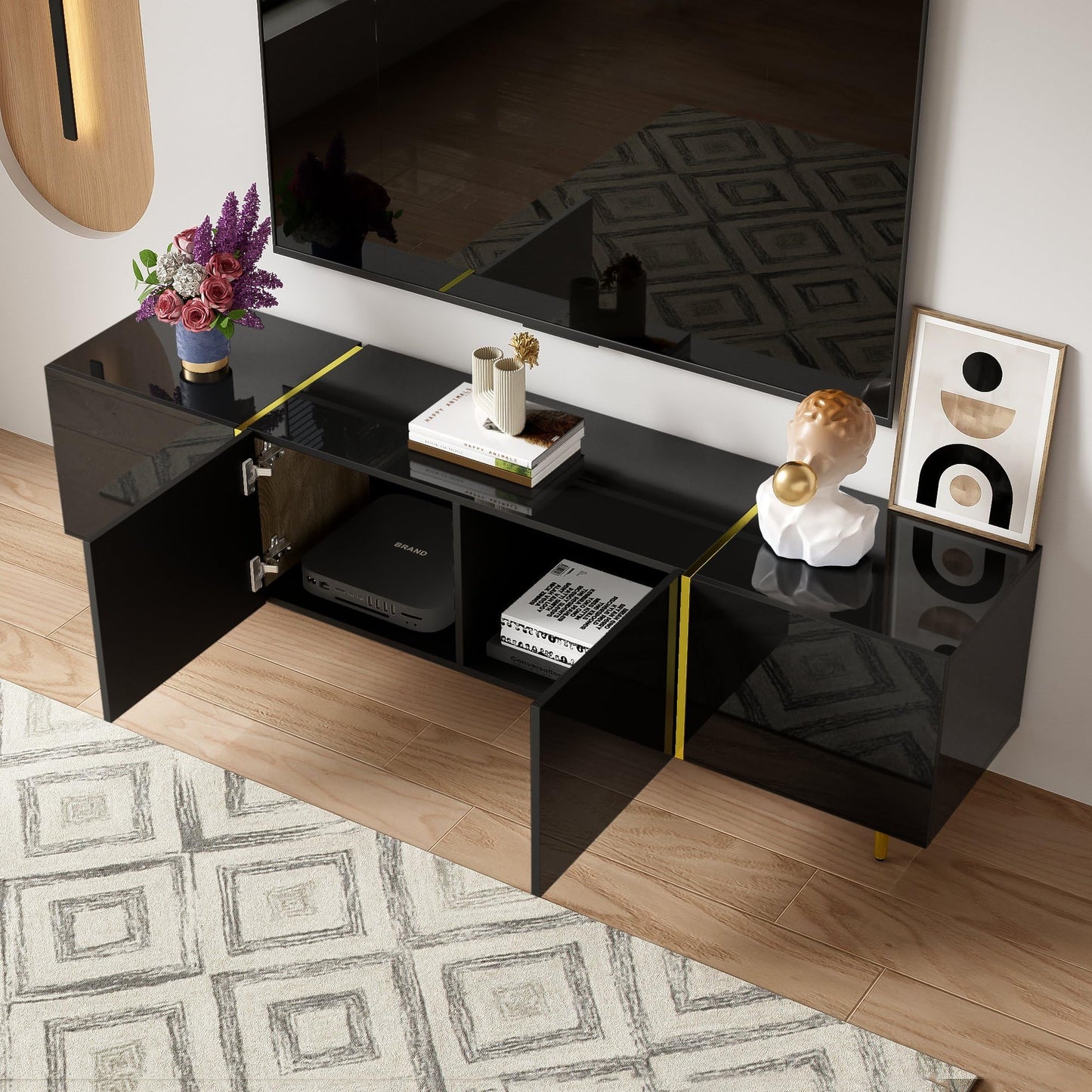 Meuble TV Moderne et Simple, 170 cm Banc TV Brillant avec Quatre Portes, Accents Dorés, Console Multimédia TV pour Les TV jusqu'à 70", Grand Espace de Rangement, Meuble Salon, Facile à Assembler