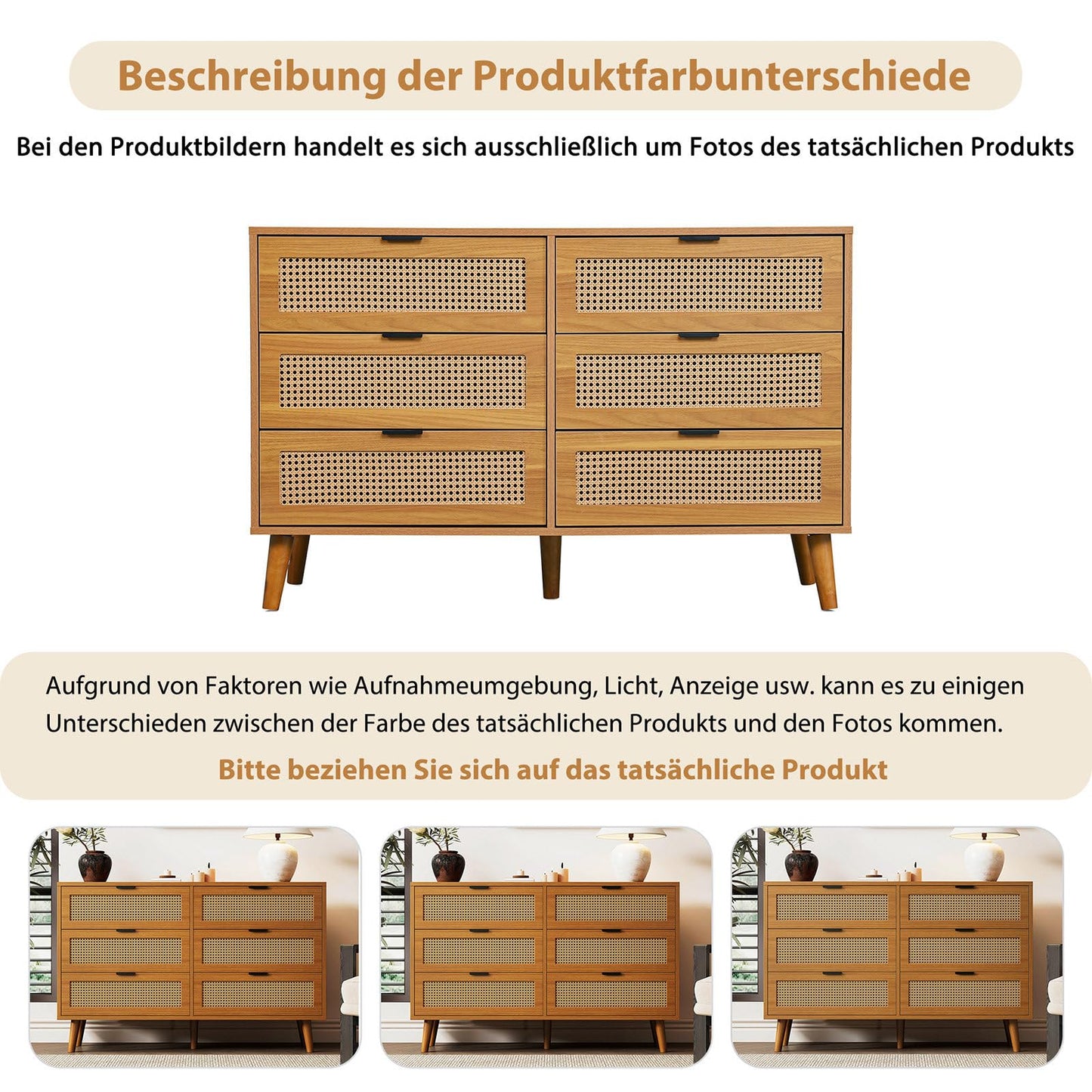 Kommode Mit 6 Schubladen, Sideboard Perforierte Rattantür, Mehrzweckschrank für Wohnzimmer, Esszimmer, Schubladenschrank Hohe Tragfähigkeit, Schrankbeine aus Massivholz, Metallgriff, 120 x 40 x 76.5cm