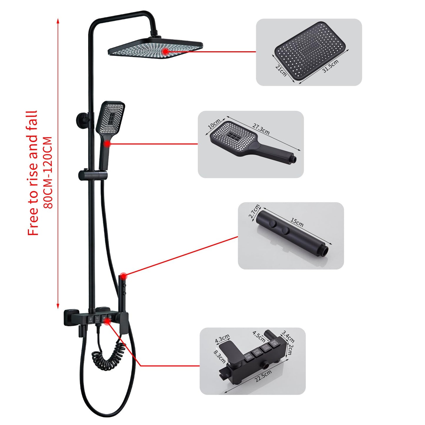 Colonne de Douche Noir, Ensemble de Douche Mural à Boutons 4 Fonctions avec 31.5cm * 21cm Tête de Douche, Douchette à Mains, Robinet de Baignoire, Bidet Pulvérisateur, réglable en Hauteur